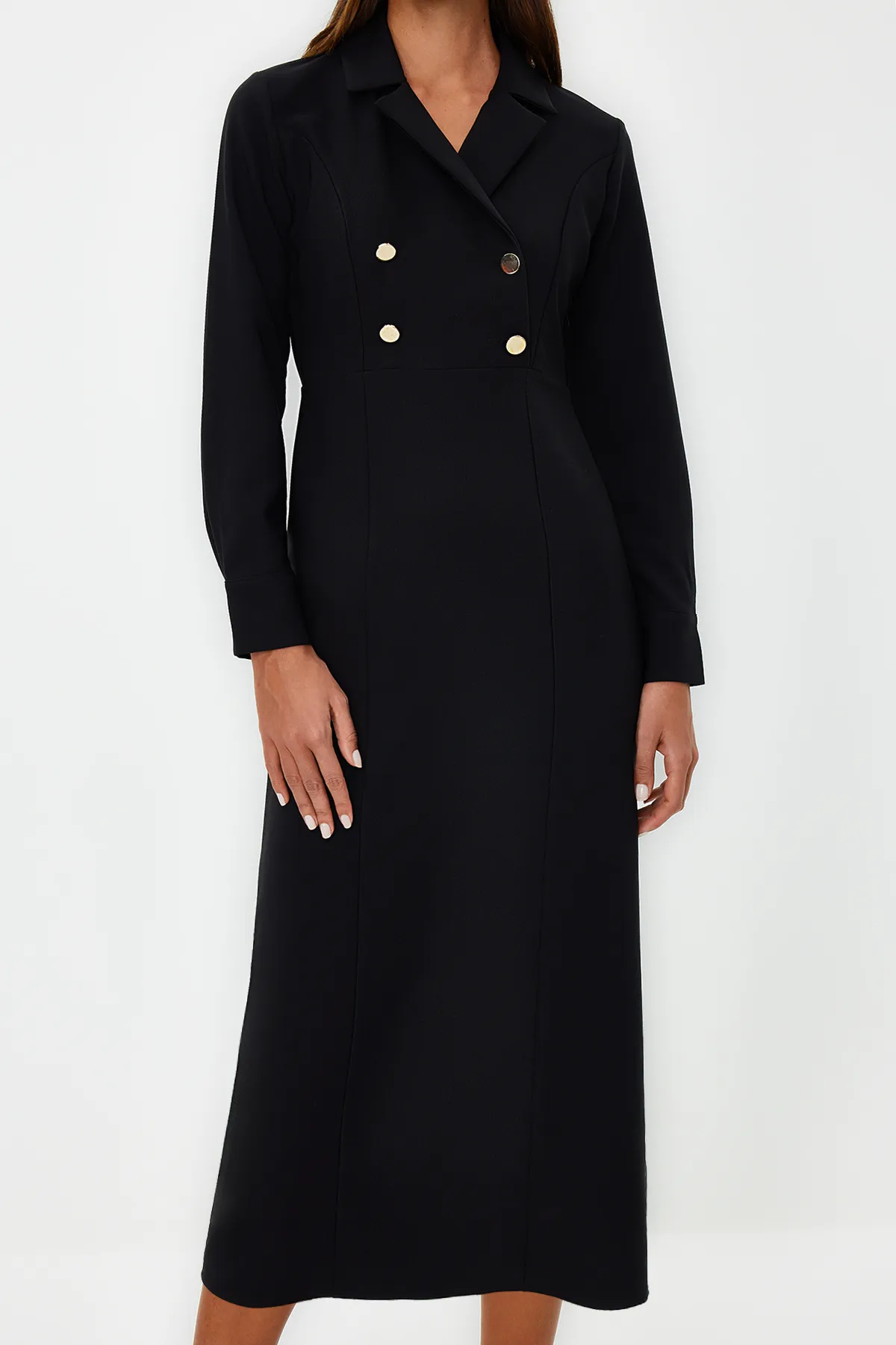 Trendyol Modest  Schwarzes, zweireihiges, gewebtes Kleid mit Kragen und Knöpfen TCTSS24EB00020