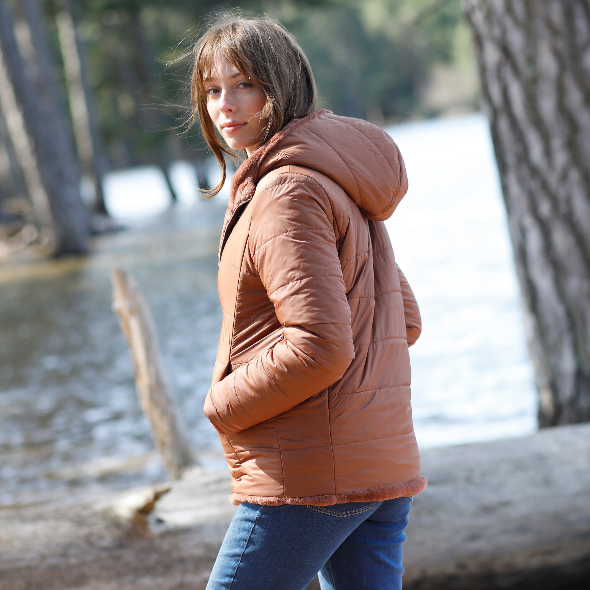 Veste fausse fourrure réversible en doudoune