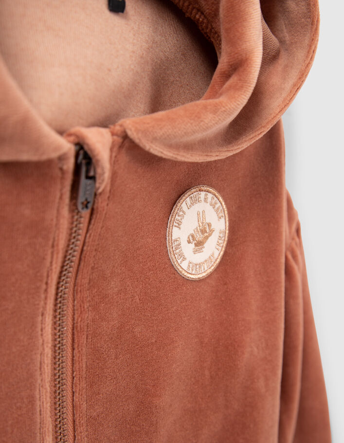 Cardigan rose cuivré maille velours à capuche fille