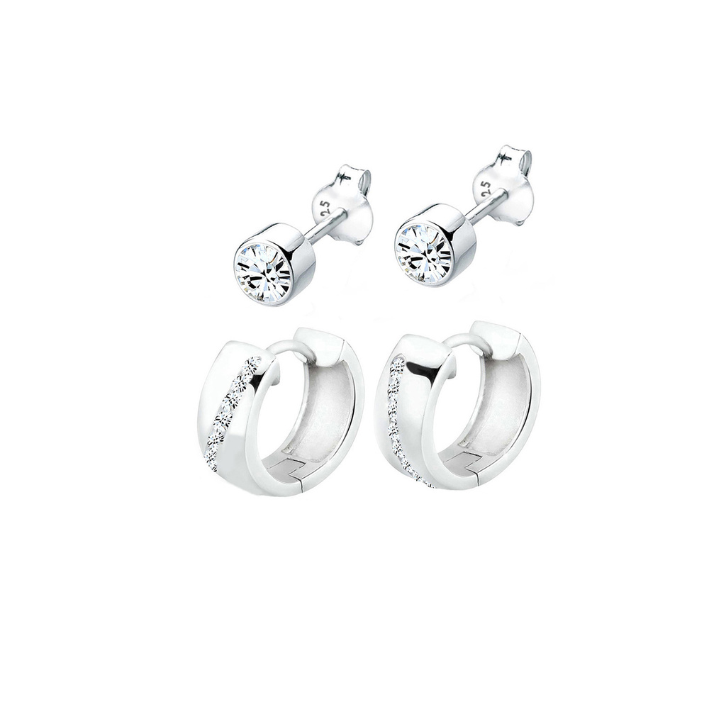 Elli Elli Boucles d'Oreilles Femme Créole et Plug Set Précieux avec Cristaux en Argent Boucles d'oreilles
