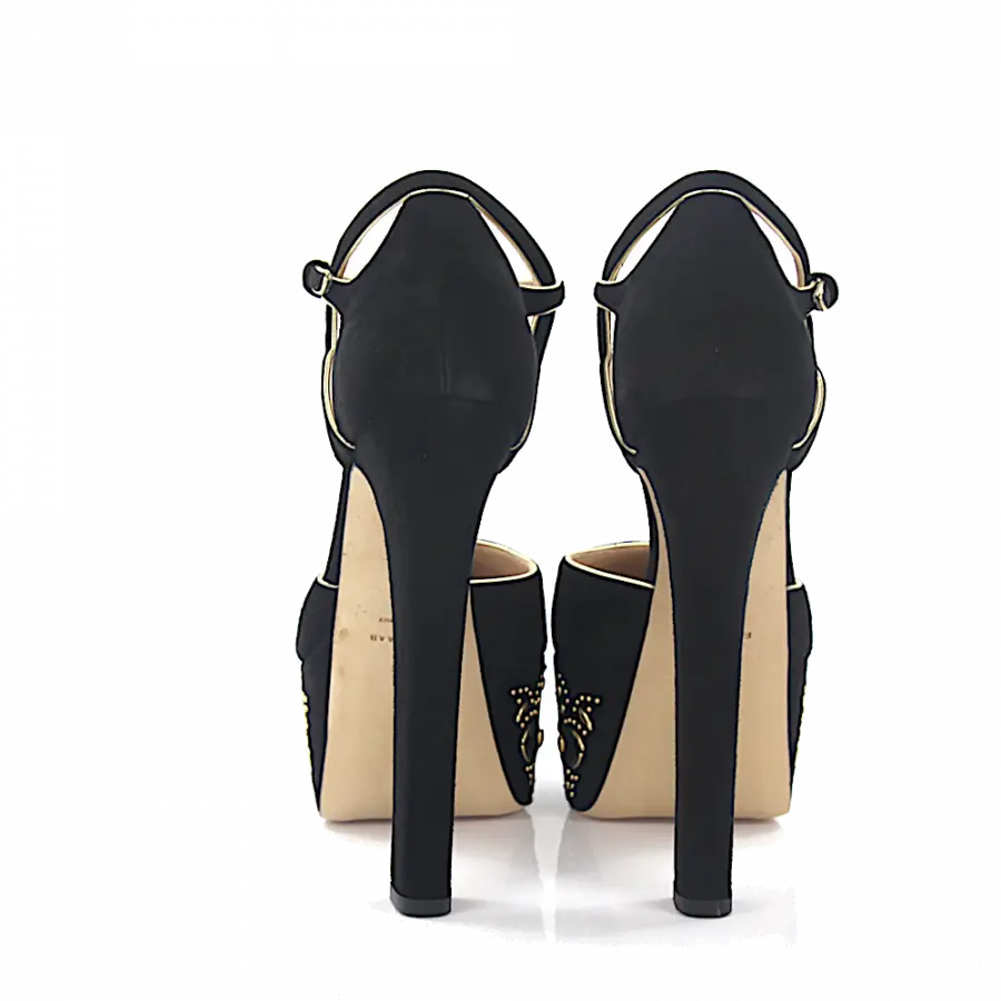 Elie Saab - Plateaupumps Kristallverzierung Nieten Schmuckstein schwarz gold - schwarz