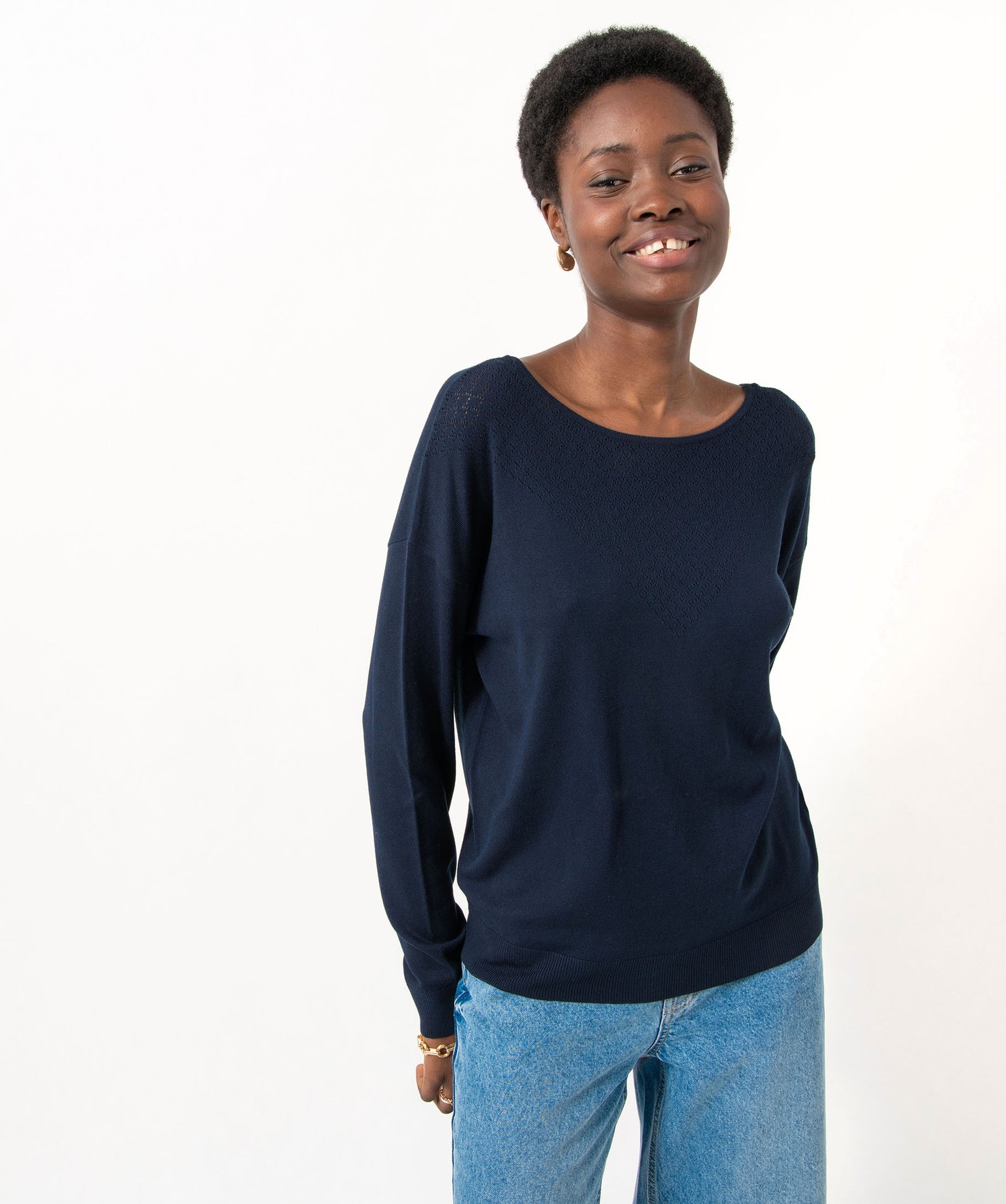 Pull fin à col rond avec dos croisé femme marine | GEMO