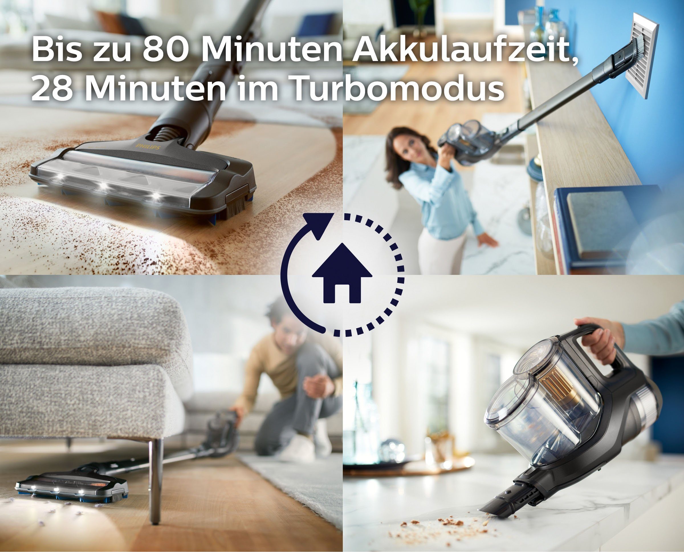 Philips Nass-Trocken-Akkusauger XC8347/01 SpeedPro Max Aqua Plus, beutellos, mit 80 Minuten Laufzeit, Wischfunktion und 360°-Saugdüse