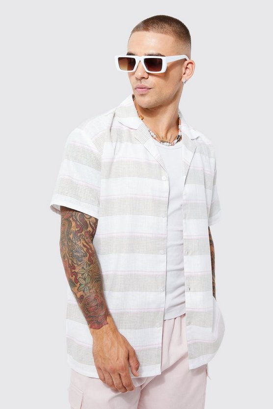 Kurzärmliges gestreiftes Oversize Colorblock Hemd