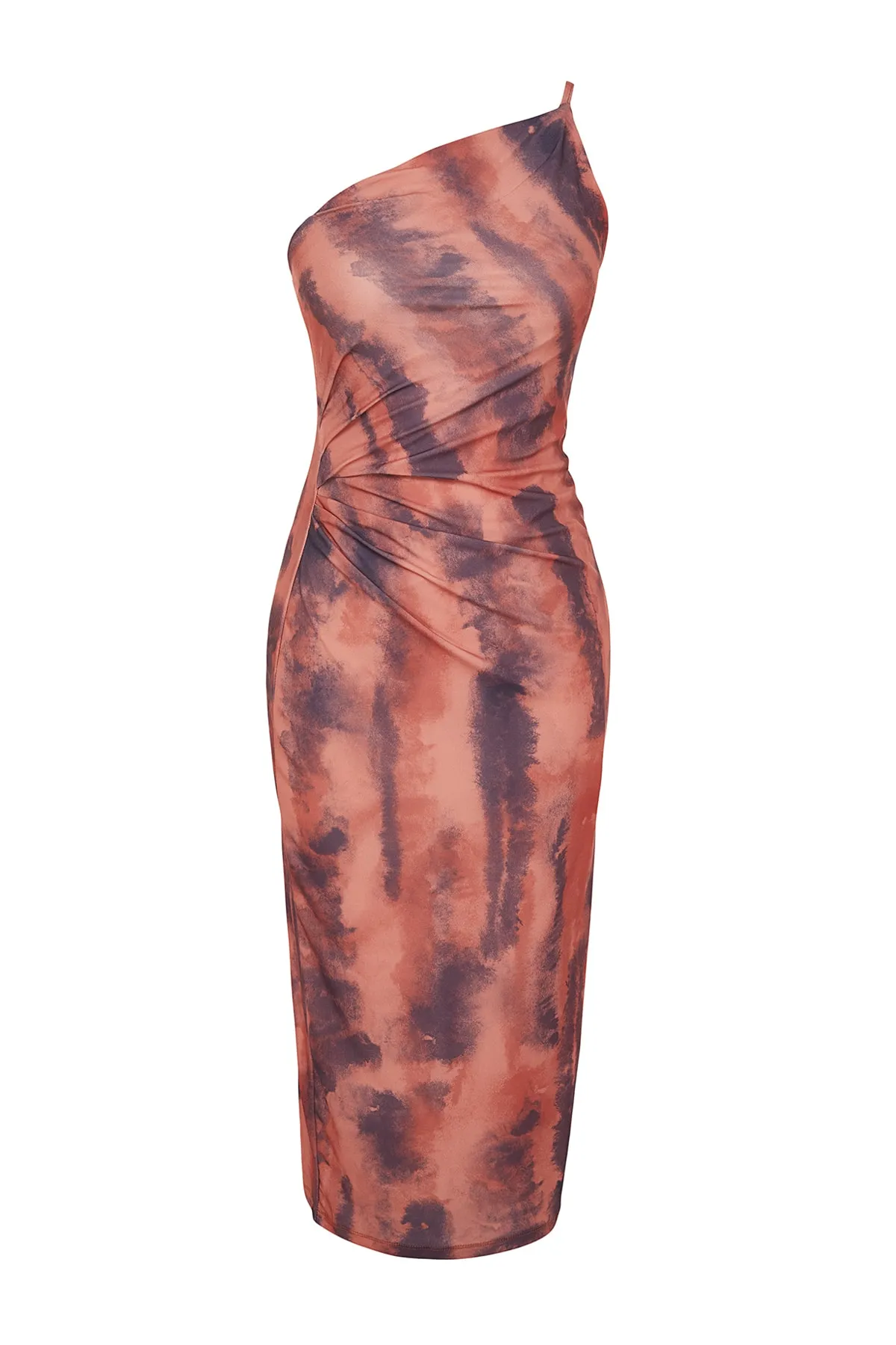 Trendyol Collection  Bedrucktes, tailliertes Midi-Bleistiftkleid aus elastischem Strick mit One-Shoulder-TwOSS23EL01577