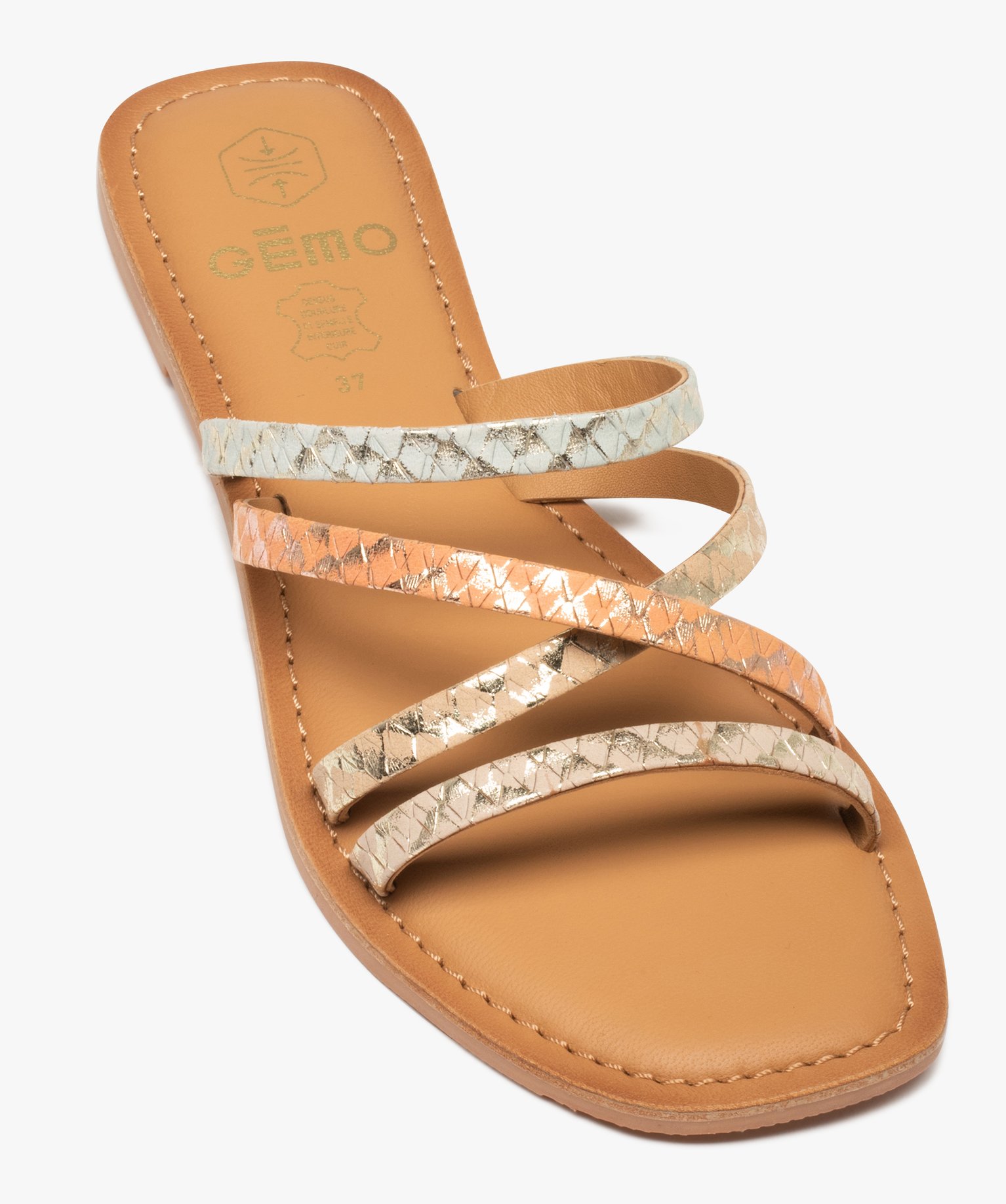 Mules femme à talon plat et fines brides en cuir multicolore | GEMO