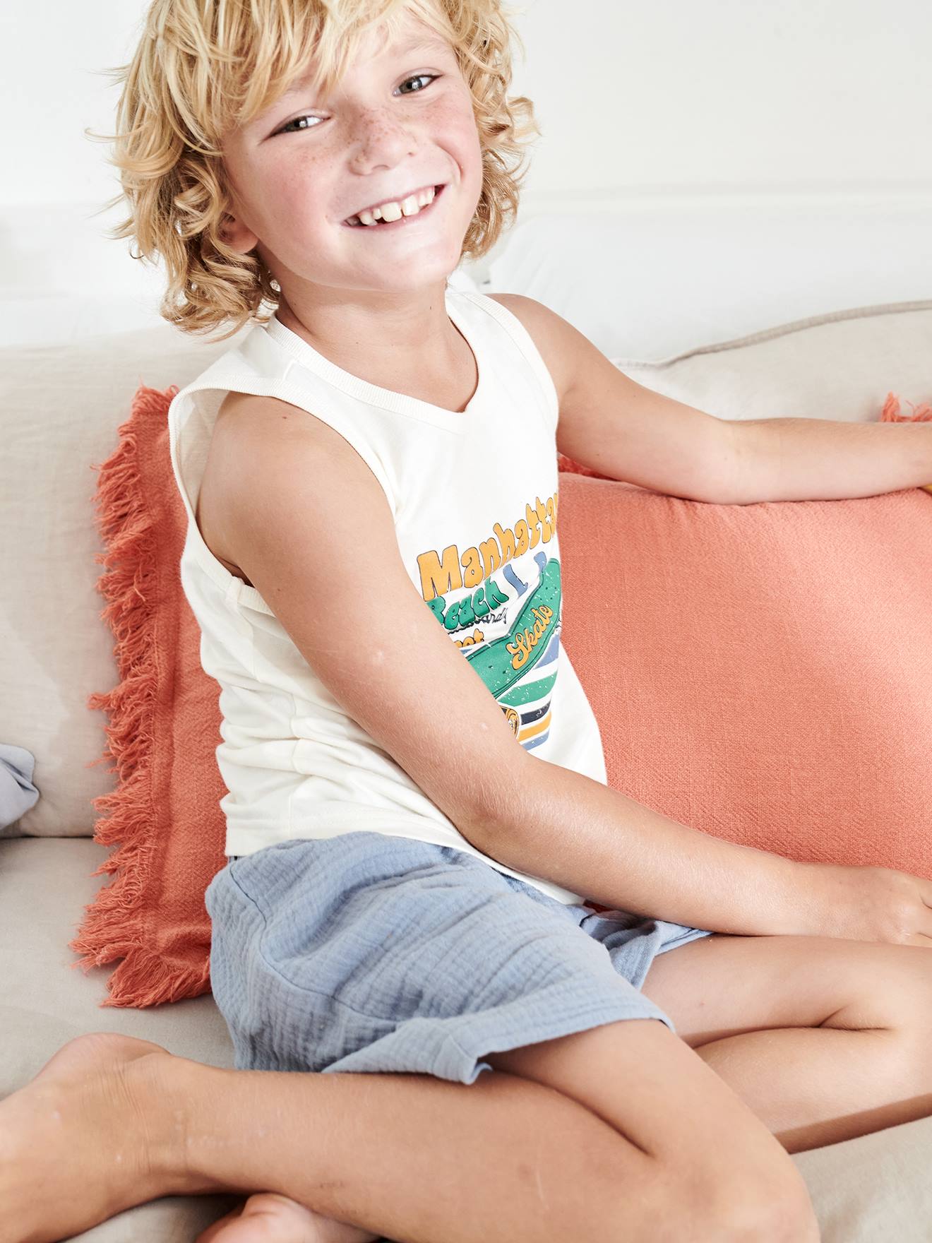 Pyjashort skate garçon en gaze pur coton bleu ciel