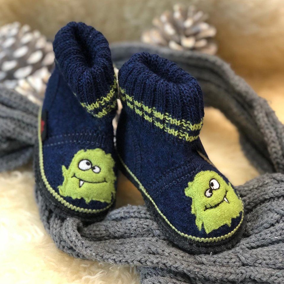 Beck Hüttenschuh Monster Hüttenschuhe (aus Österreich, warme Füße für Kita, Schule und Zuhause) sehr warm, rutschfeste Sohle, 100% atmungsaktive Schurwolle