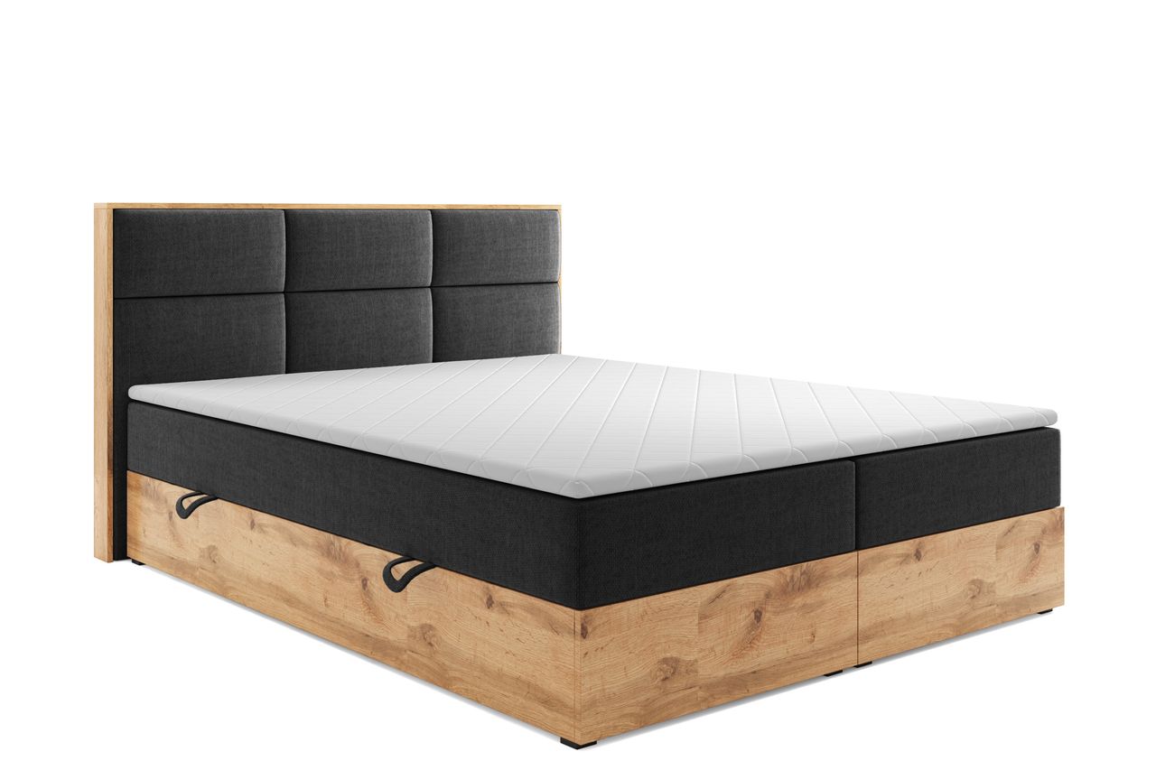 Möbel Punkt Boxspringbett LISSABON Eiche Holz mit Bettkasten 180 x 200 cm Webstoff Schwarz Anthrazit