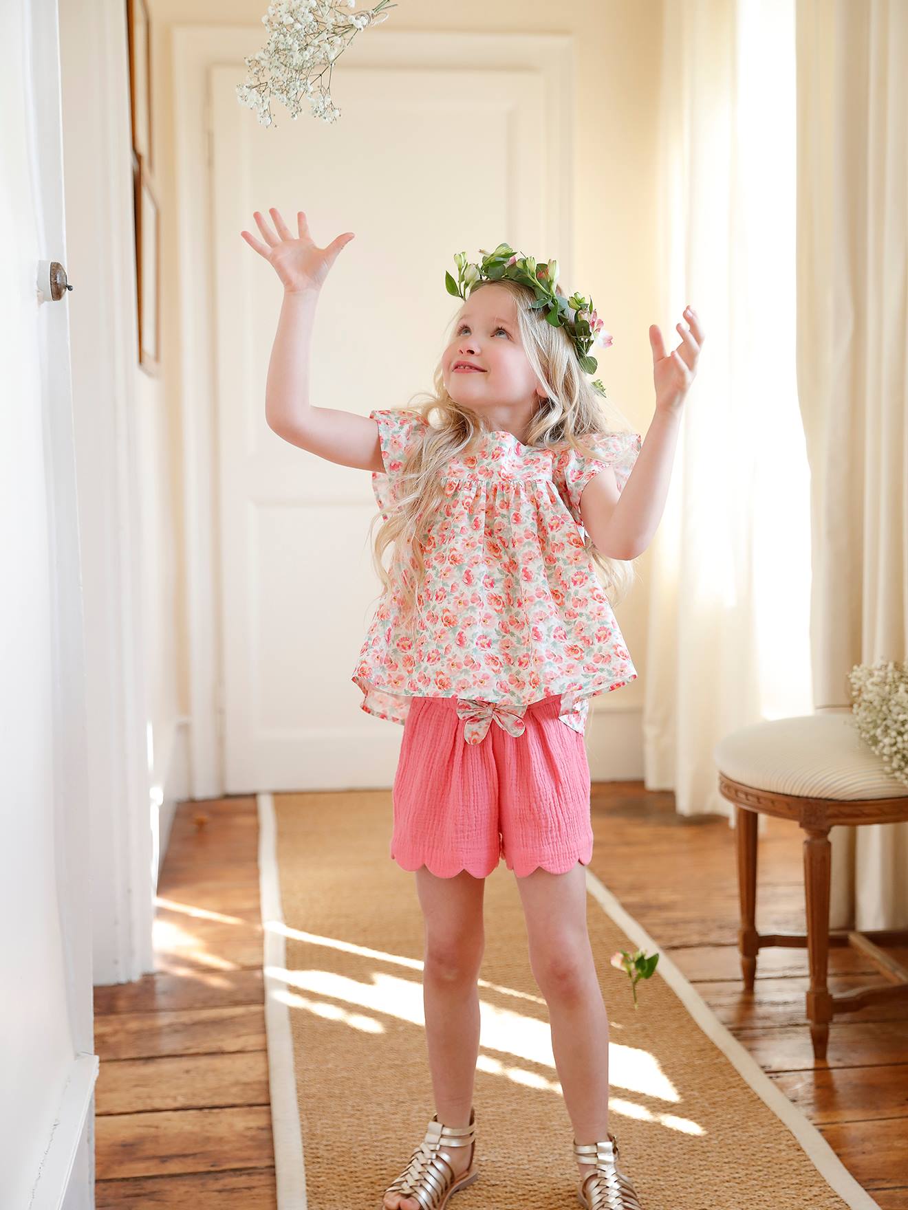 Blouse à fleurs manches volantées fille ivoire imprimé