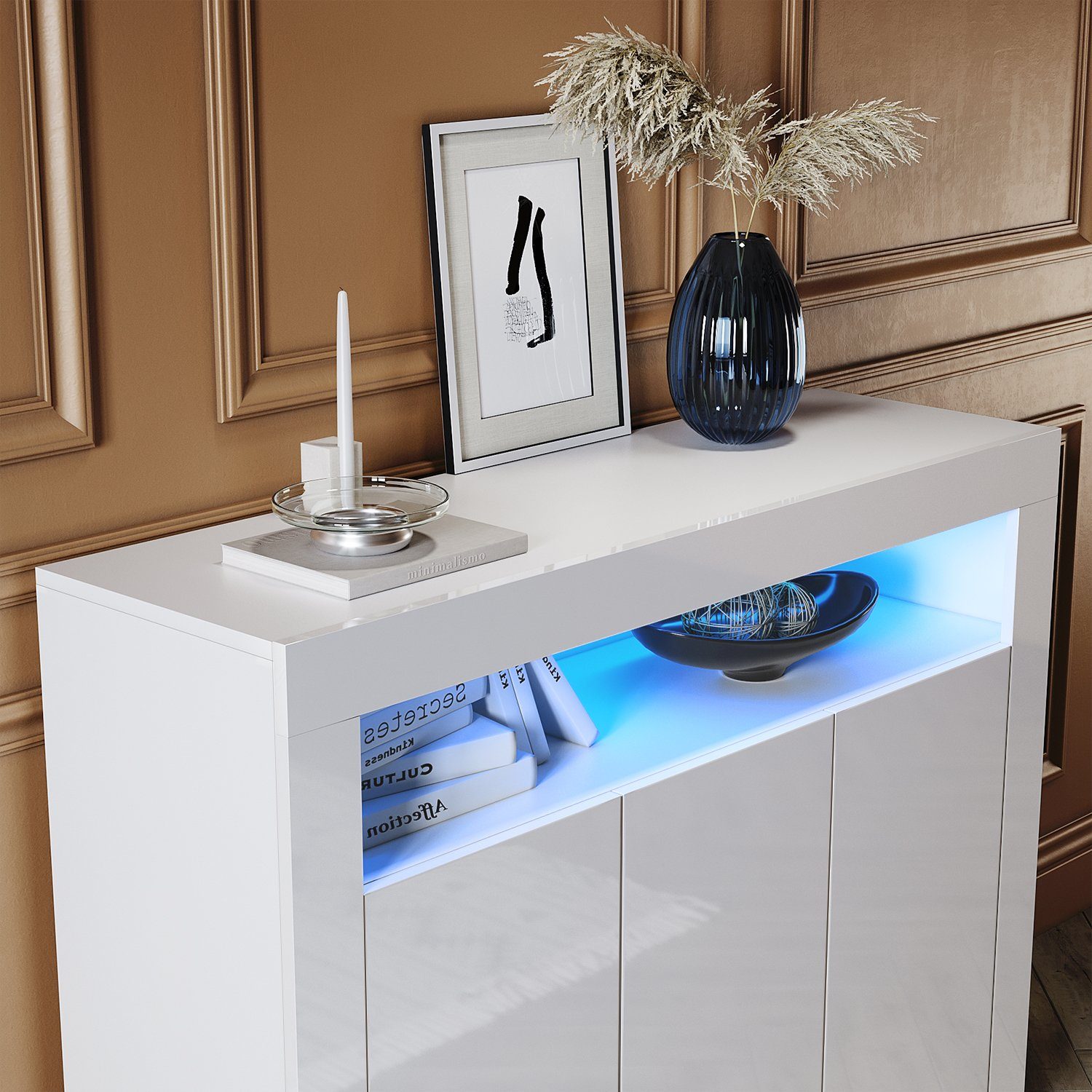SONNI Kommode Sideboard Weiß Hochglanz mit LED Beleuchtung, Kommodenschrank Sideboard für Küche und Esszimmer, Wohnzimmer