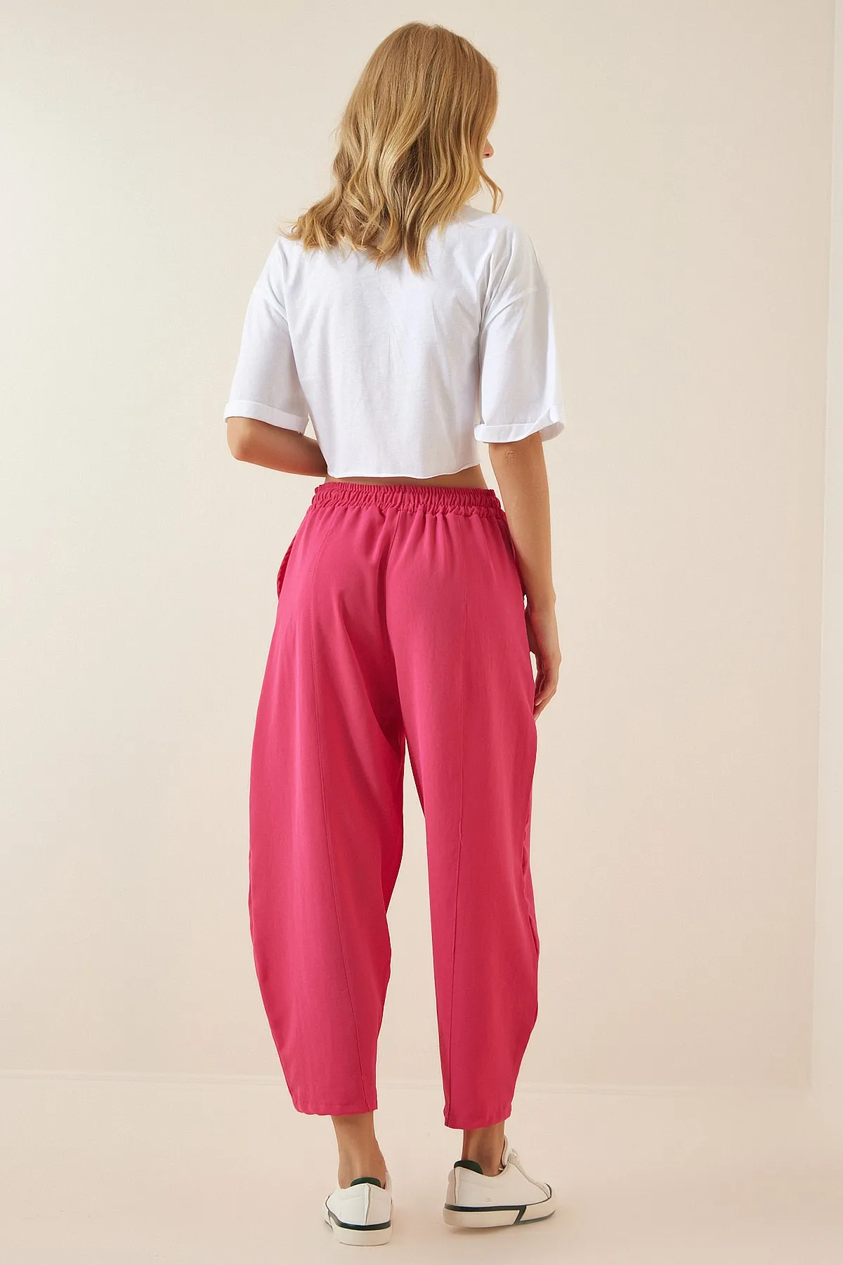 Happiness İstanbul  Damen-Shalwar-Hose aus dunkelrosa Leinen CI00036