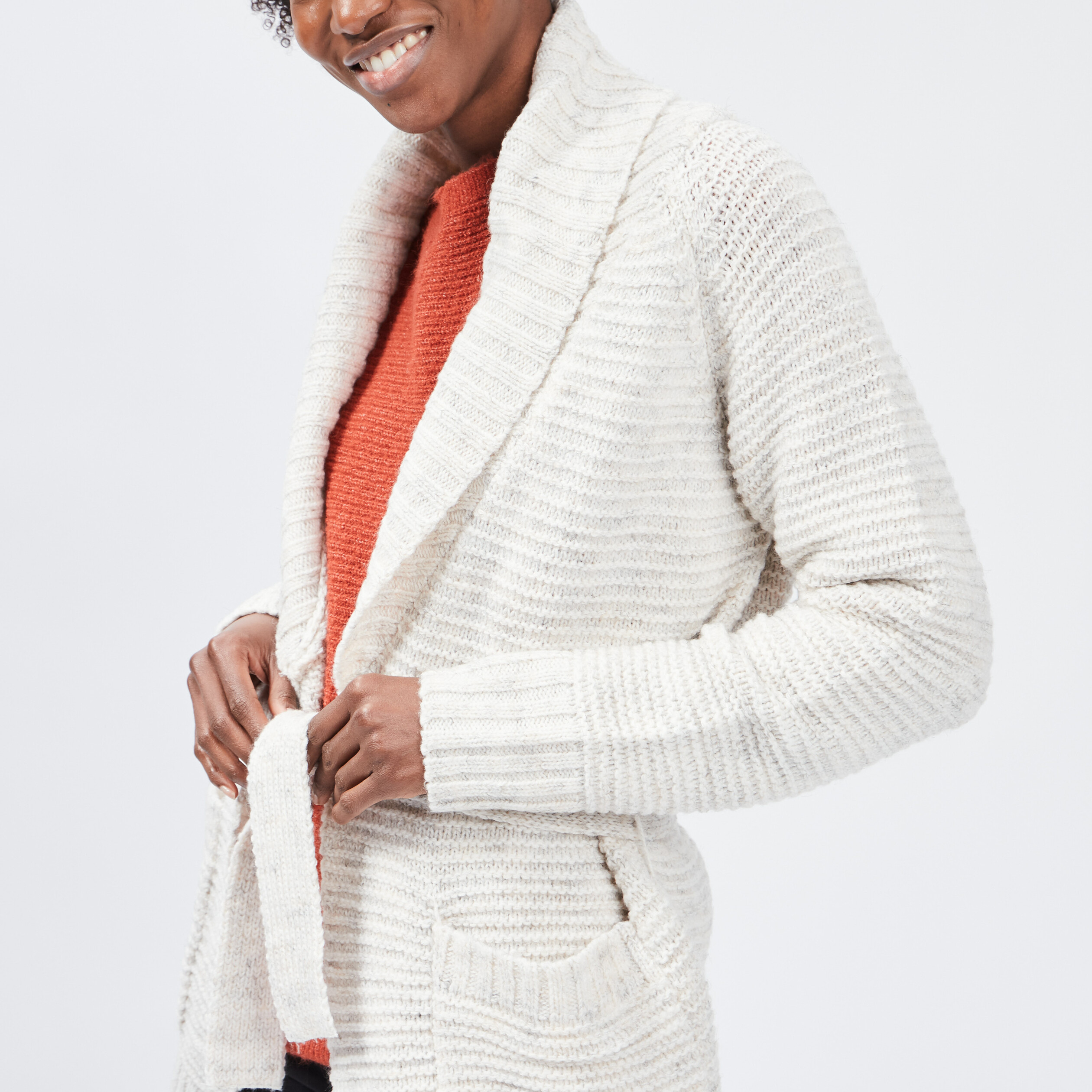 Gilet mi-long ceinturé ecru femme | La Halle
