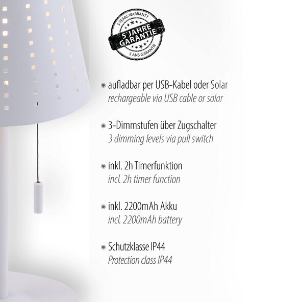 LED Akku-Solar-Tischleuchte Mandy, weiß