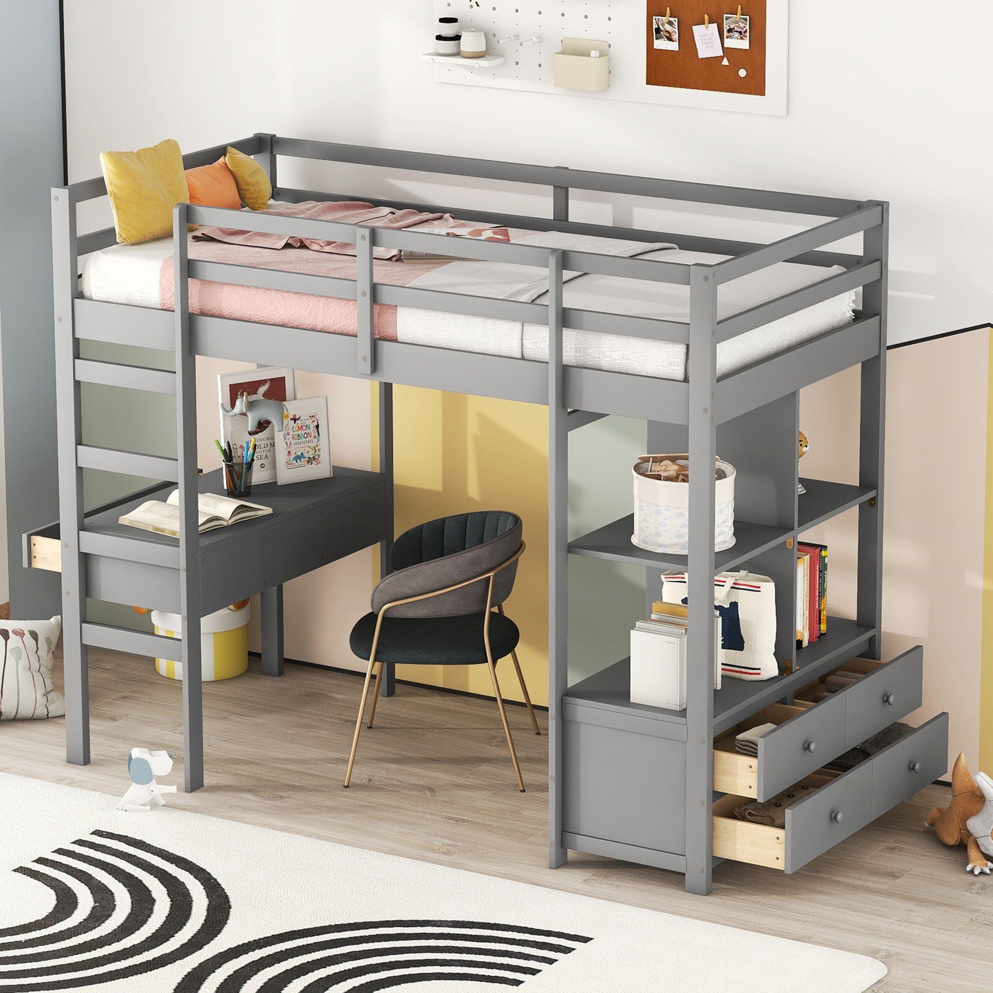 REDOM Etagenbett Kinderhochbett, Einzelbett, Bett, Kinderbett (mit Stauraumschubladen, mit Stauraumschubladen, Ohne Matratze), 90 x200cm