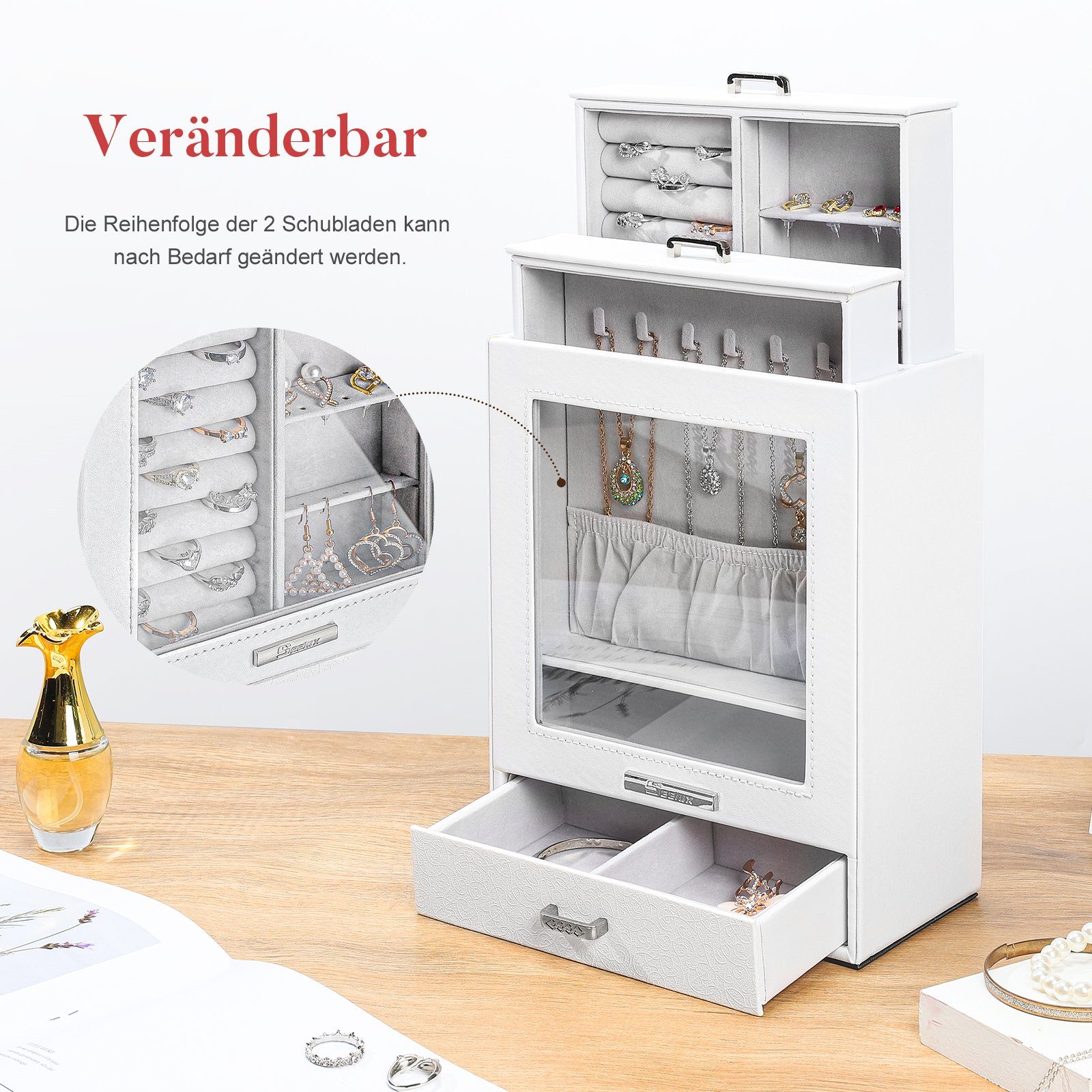 Yorbay Schmuckkasten Schmuckkoffer mit3 Schubladen, Weiß, Schmuckkasten mit Glasfenster, Schmuckschatulle für Halsketten, Ringe, Armbänder, Ohrringe