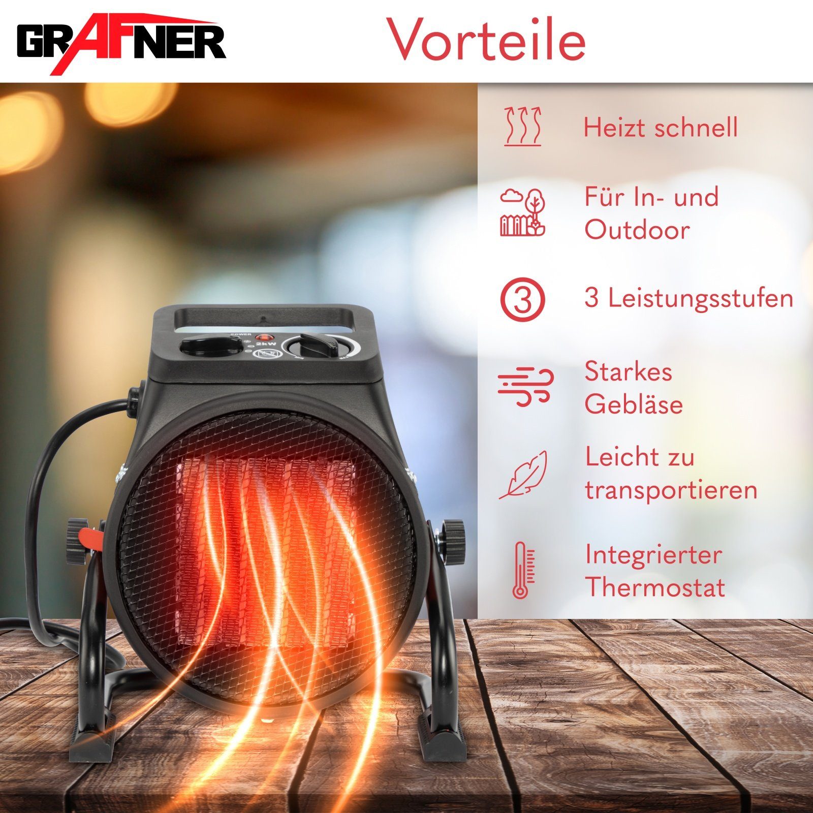Grafner Heizgerät 2000 W Baustellen Heizlüfter Heizgebläse 2 kW Keramik Elektroheizung, 2000 W, mit Thermostat und Tragegriff