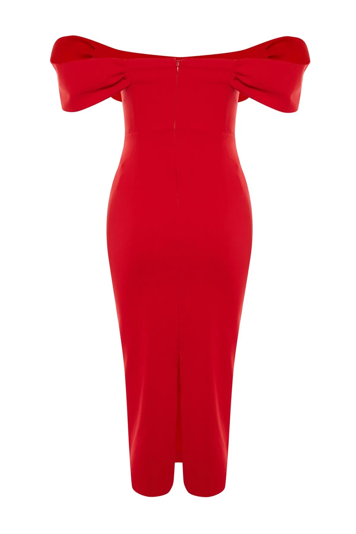 Trendyol Collection  Rotes, gefüttertes, gewebtes Korsett-Abendkleid mit detailliertem Ausschnitt TPRSS22EL00097