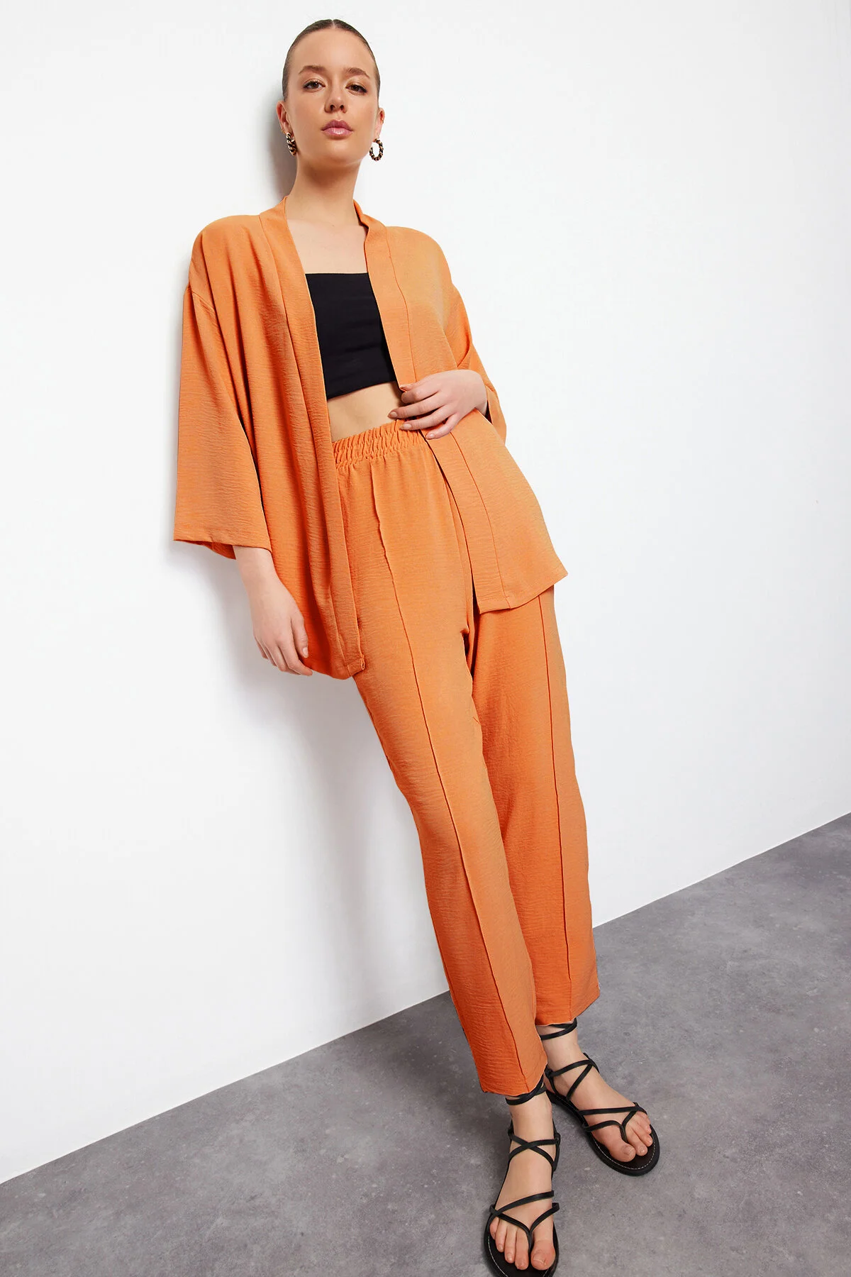 Trendyol Collection  Orange gewebtes Kimono-Hosen-Bottom-Top-Set TWOSS24AU00037