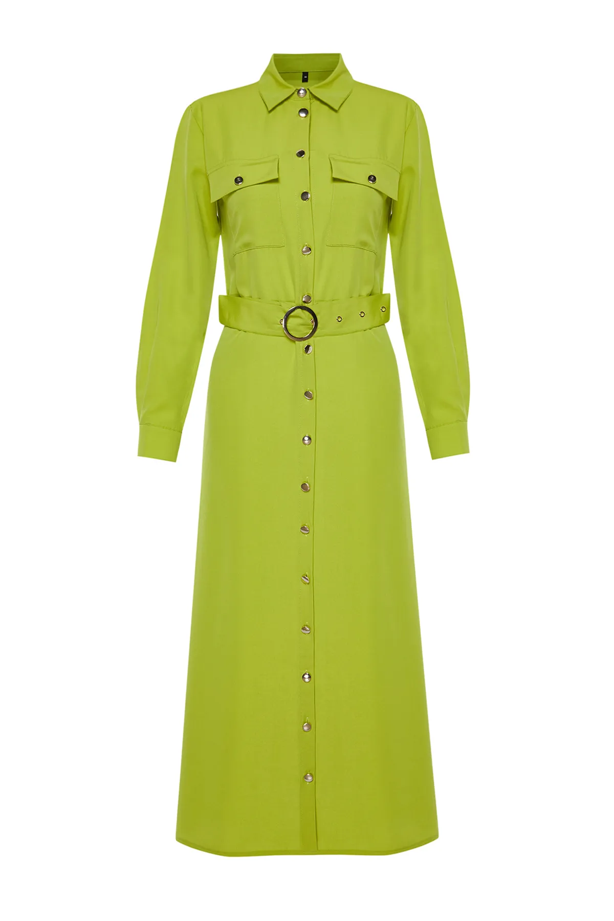 Trendyol Modest  Ölgrünes, gewebtes Hemdblusenkleid mit goldenen Knöpfen TCTSS24EB00132