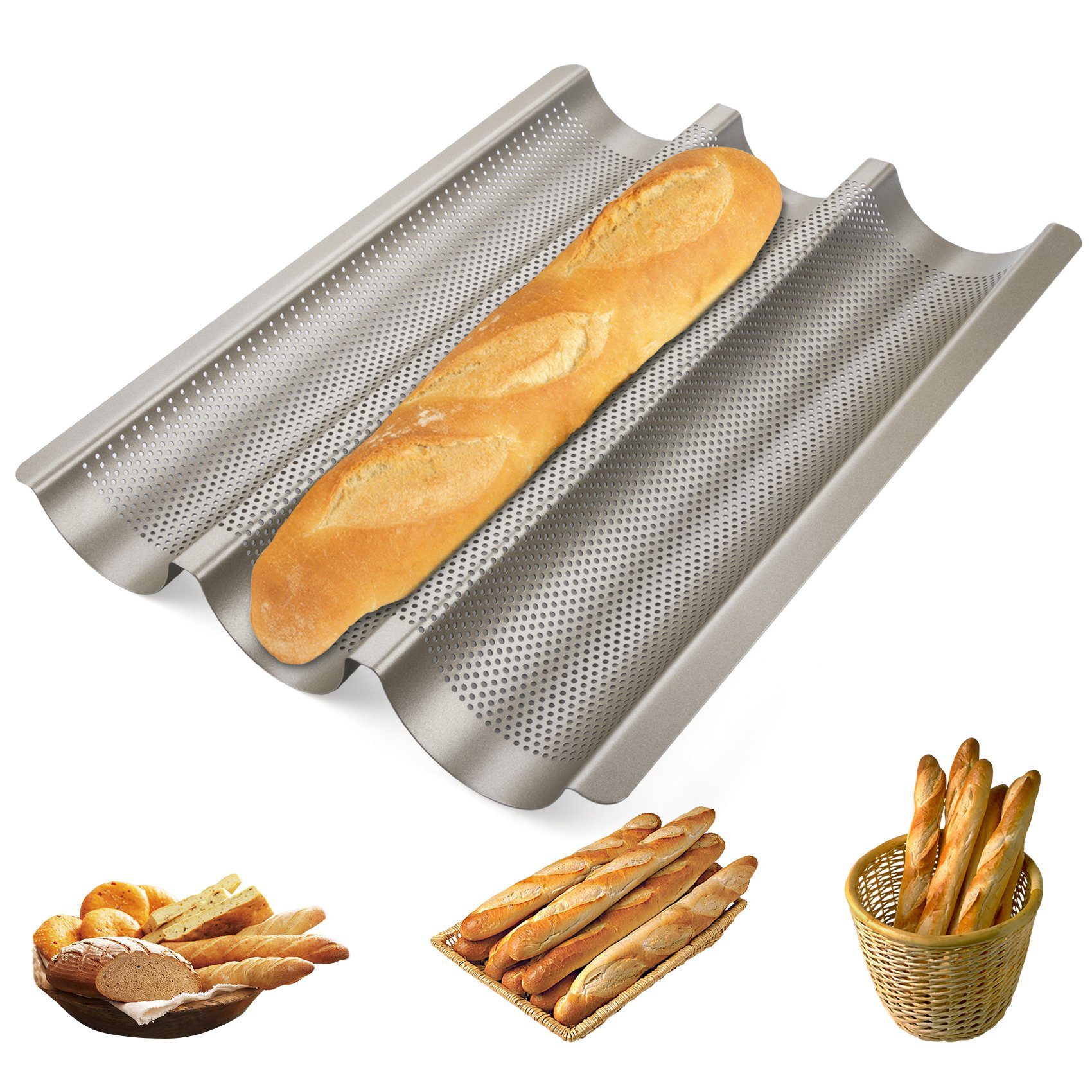 Homewit Baguetteblech Baguetteblech aus Kohlenstoffstahl und Antihaftbeschichtung Rostschutz, Kohlenstoffstahl, (1-St., 38,5*28,5*3,5 cm, 3 Brotrillen), für Küchen, Bäckereien und Restaurants