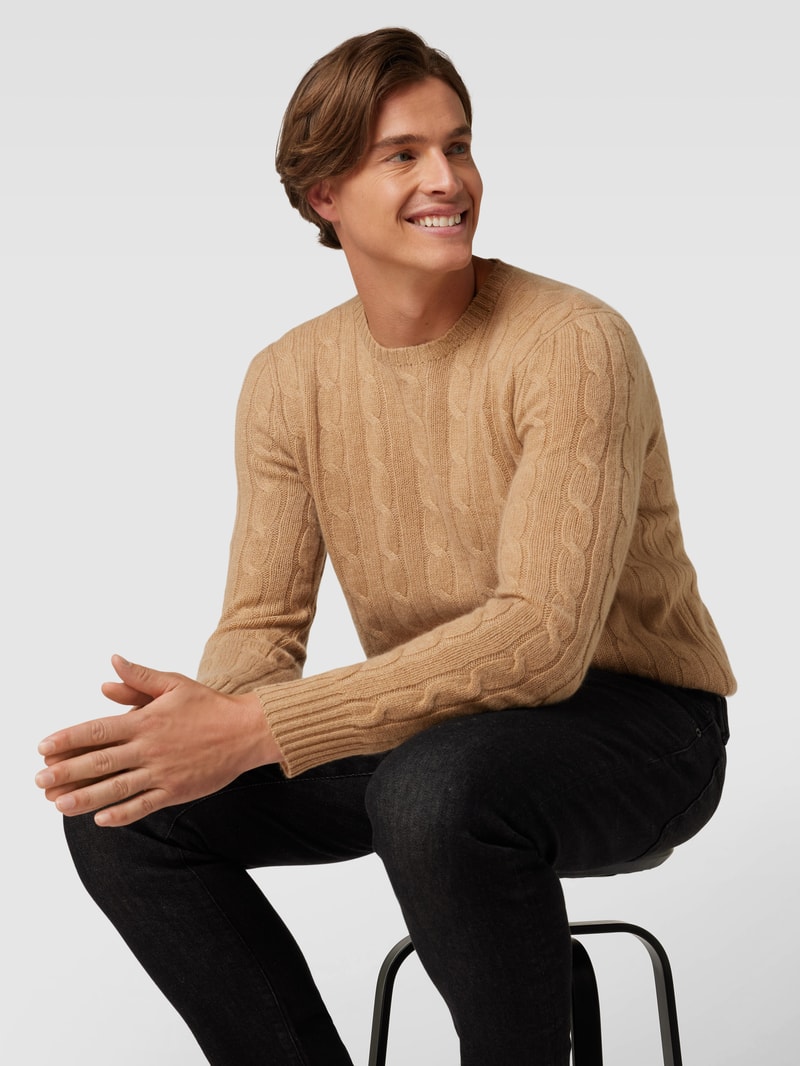 Kaschmirpullover mit Zopfmuster in camel meliert
