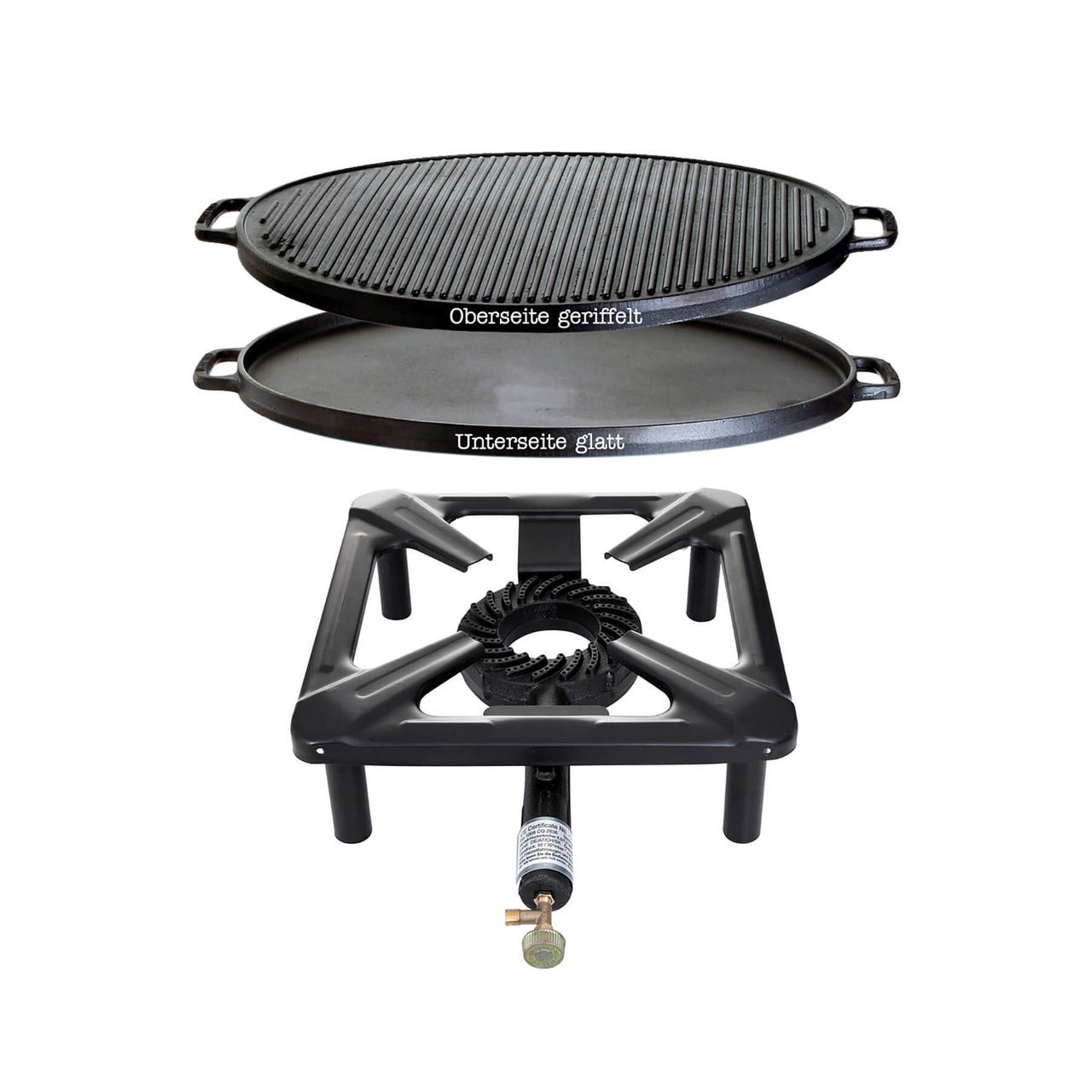 Allgrill Hockerkocher-Set mit variabler Gusseisengrillplatte