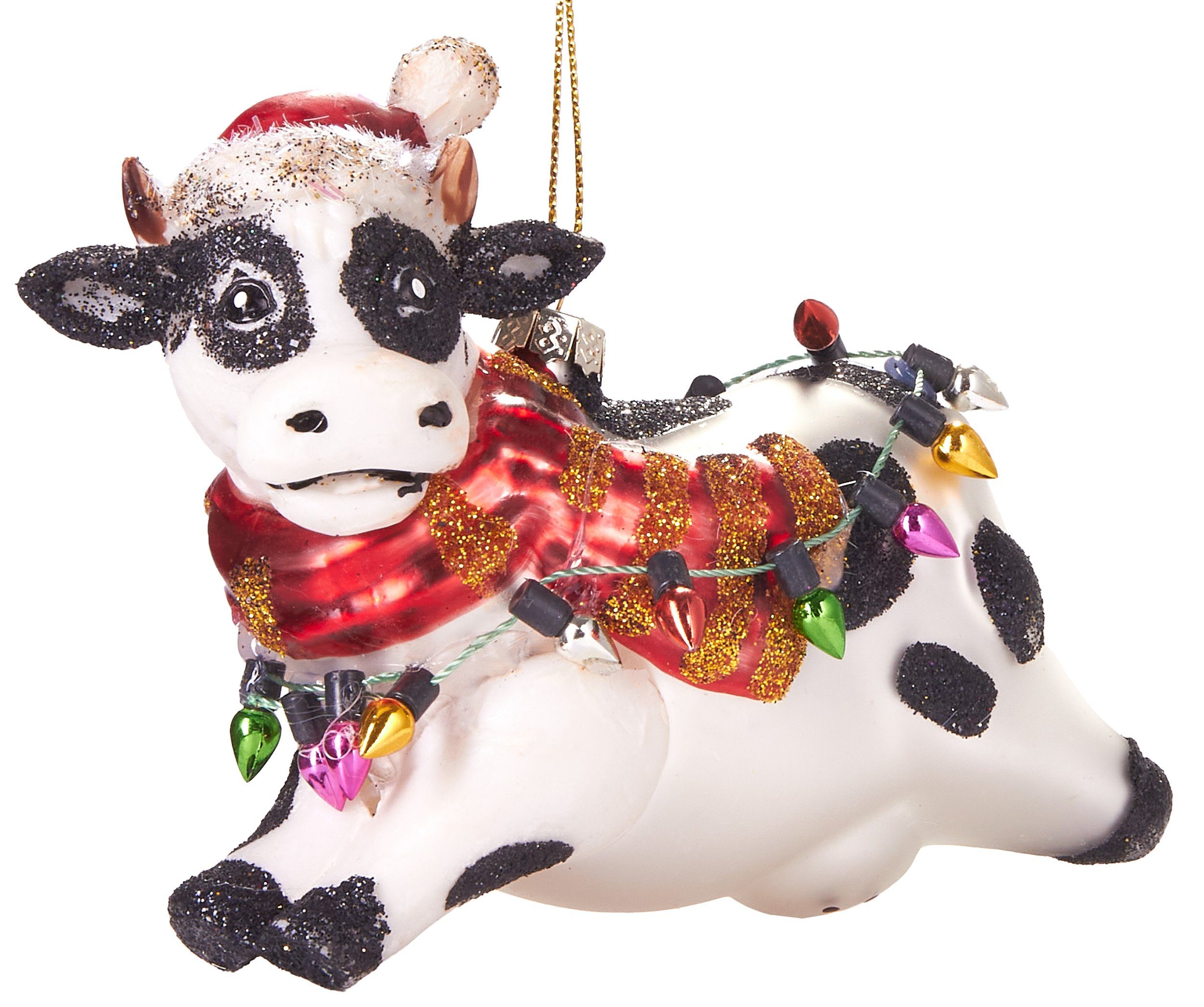 BRUBAKER Christbaumschmuck Kunstvolle Weihnachtskugel Kuh mit Lichterketten, mundgeblasene Weihnachtsdekoration aus Glas, handbemalt - 11 cm