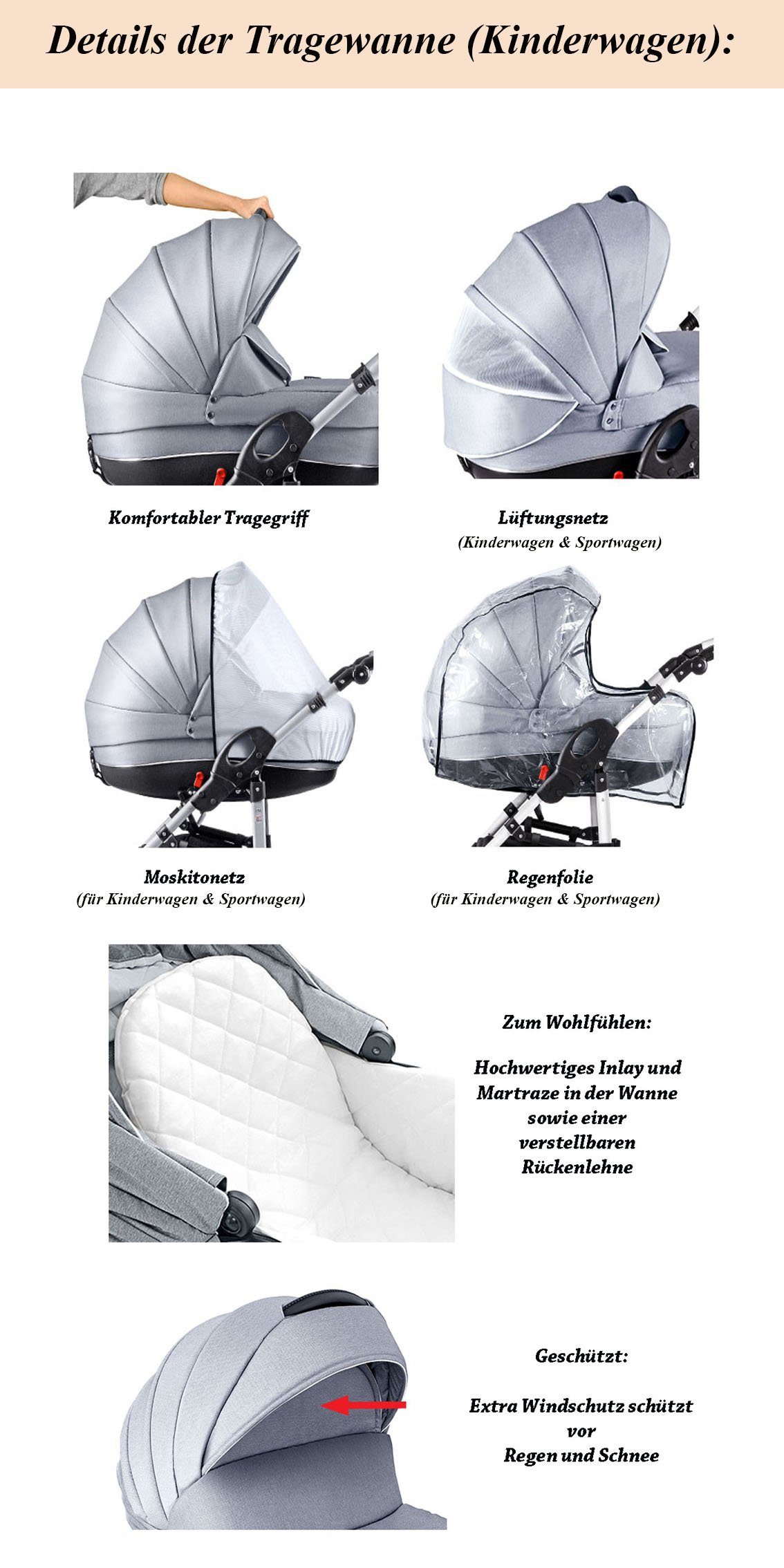 babies-on-wheels Kombi-Kinderwagen 3 in 1 Kinderwagen-Set Cosmo ECO - 16 Teile - in 29 Farben