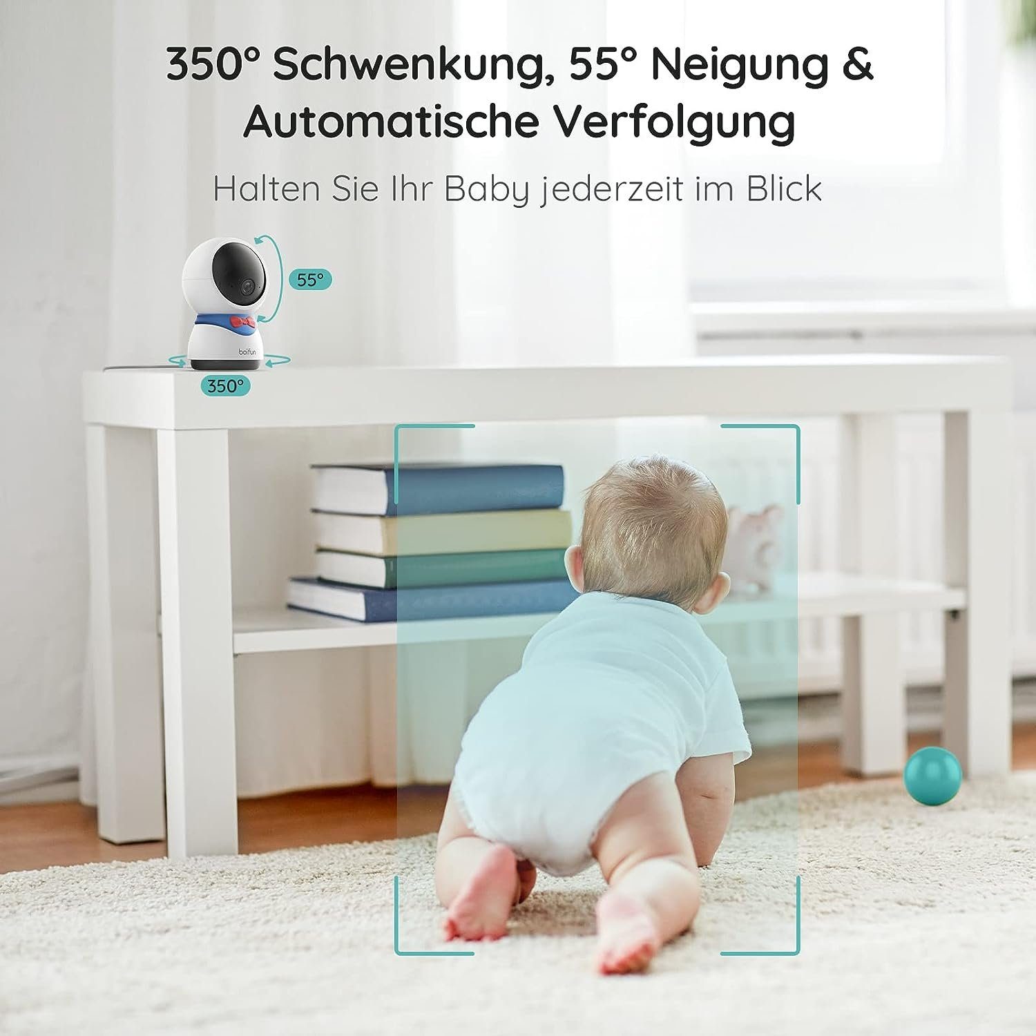 Boifun Babyphone Video-Babyphone Babyphone mit Kamera Mit 32GB SD Karte, 5 Zoll LCD-Display Babyfon,1080P HD, PT 350°/55°, 4×Zoom, mit Kamera App, Automatisches AI-Tracking, Bewegungs/Geräuscherkennung