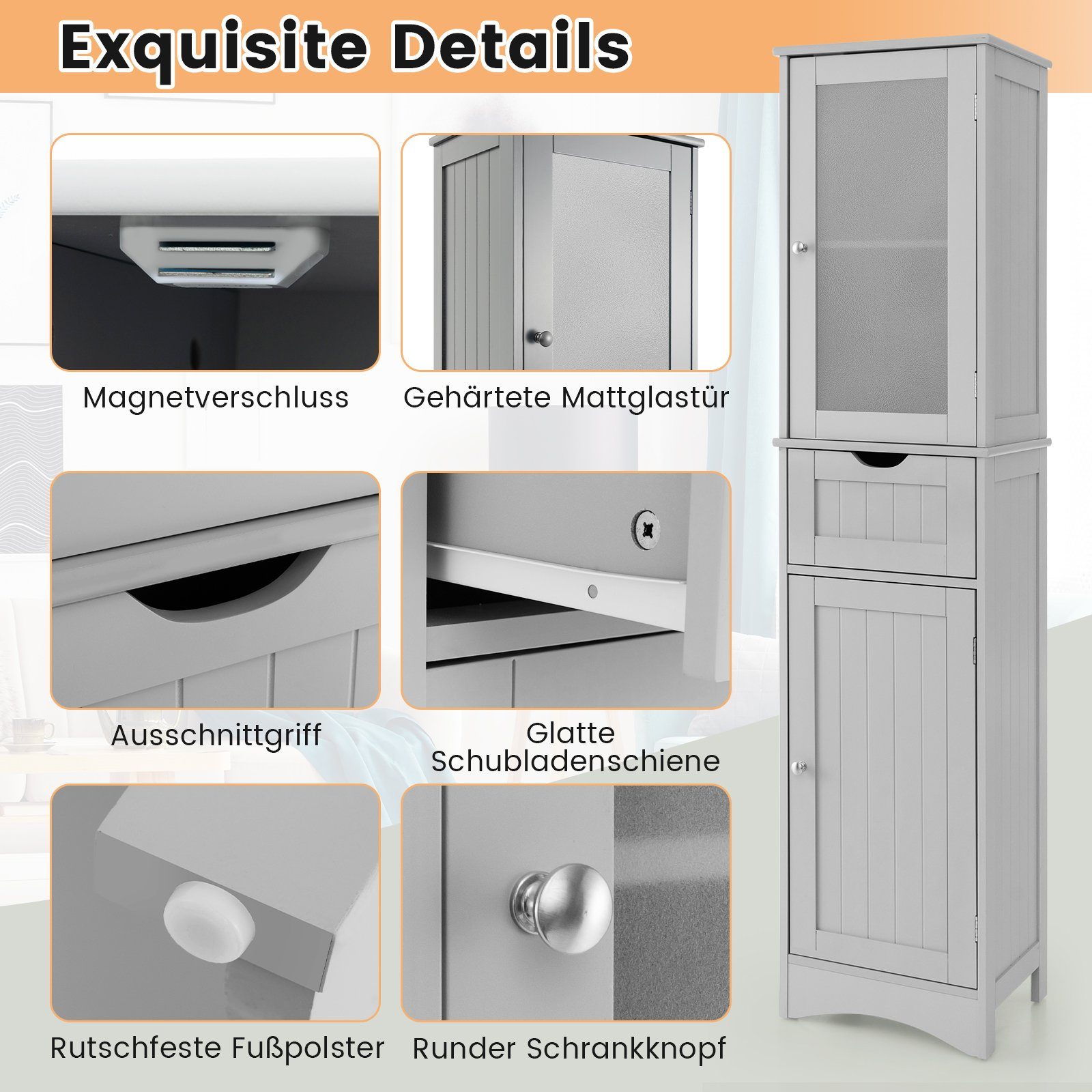 COSTWAY Hochschrank Bad, mit Schublade, 4 Fächern & Glastür, schmal, Holz, 170cm