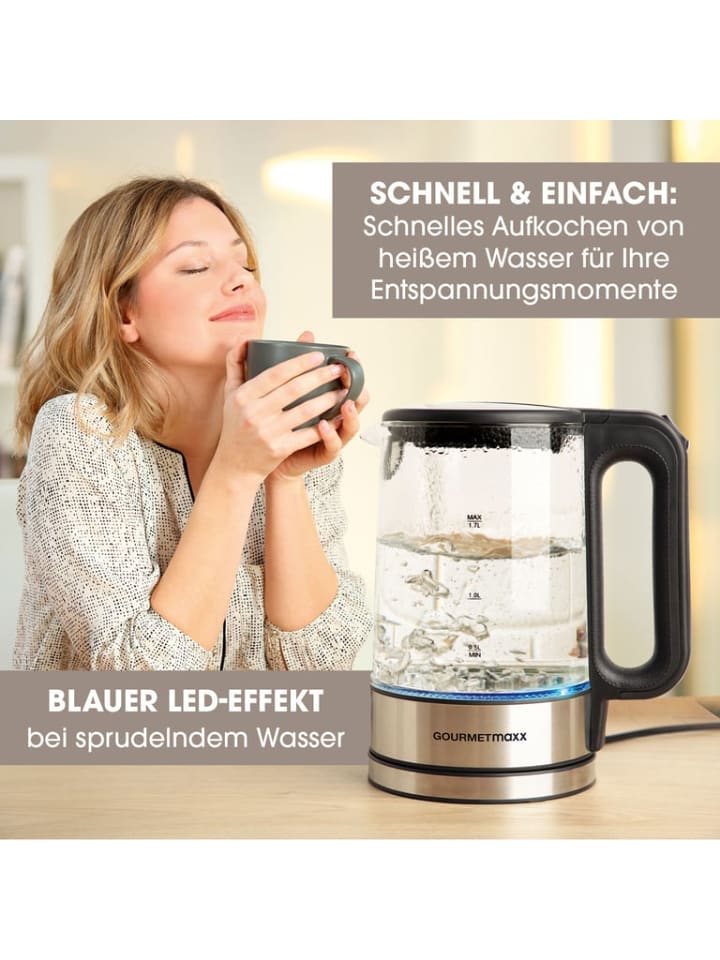 Gourmetmaxx GOURMETmaxx Glas-Wasserkocher LED 1,7l 2200W Edelstahl/schwarz kabellos günstig kaufen onesize