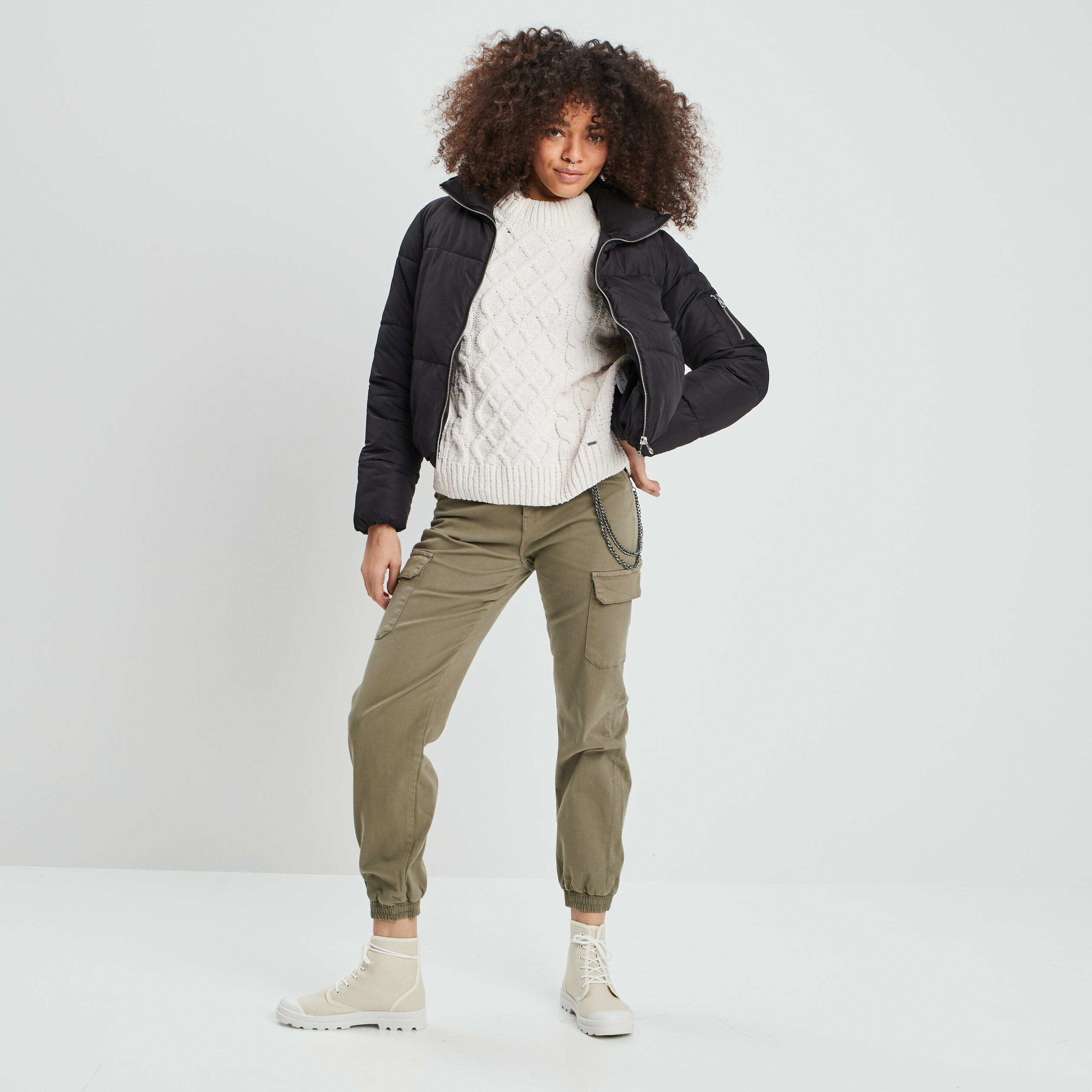 Pantalon cargo avec chaîne vert kaki femme | La Halle