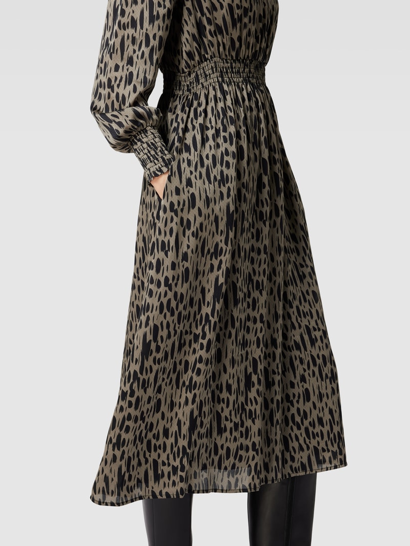 Midikleid mit Animal-Print und Smok-Details in olivgrün
