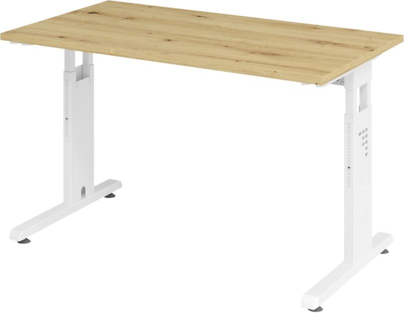Hammerbacher Höhenverstellbarer gerader Schreibtisch mit C-Fuß Express Q Eiche, Weiß 1.200 x 672 x 685 - 810 mm