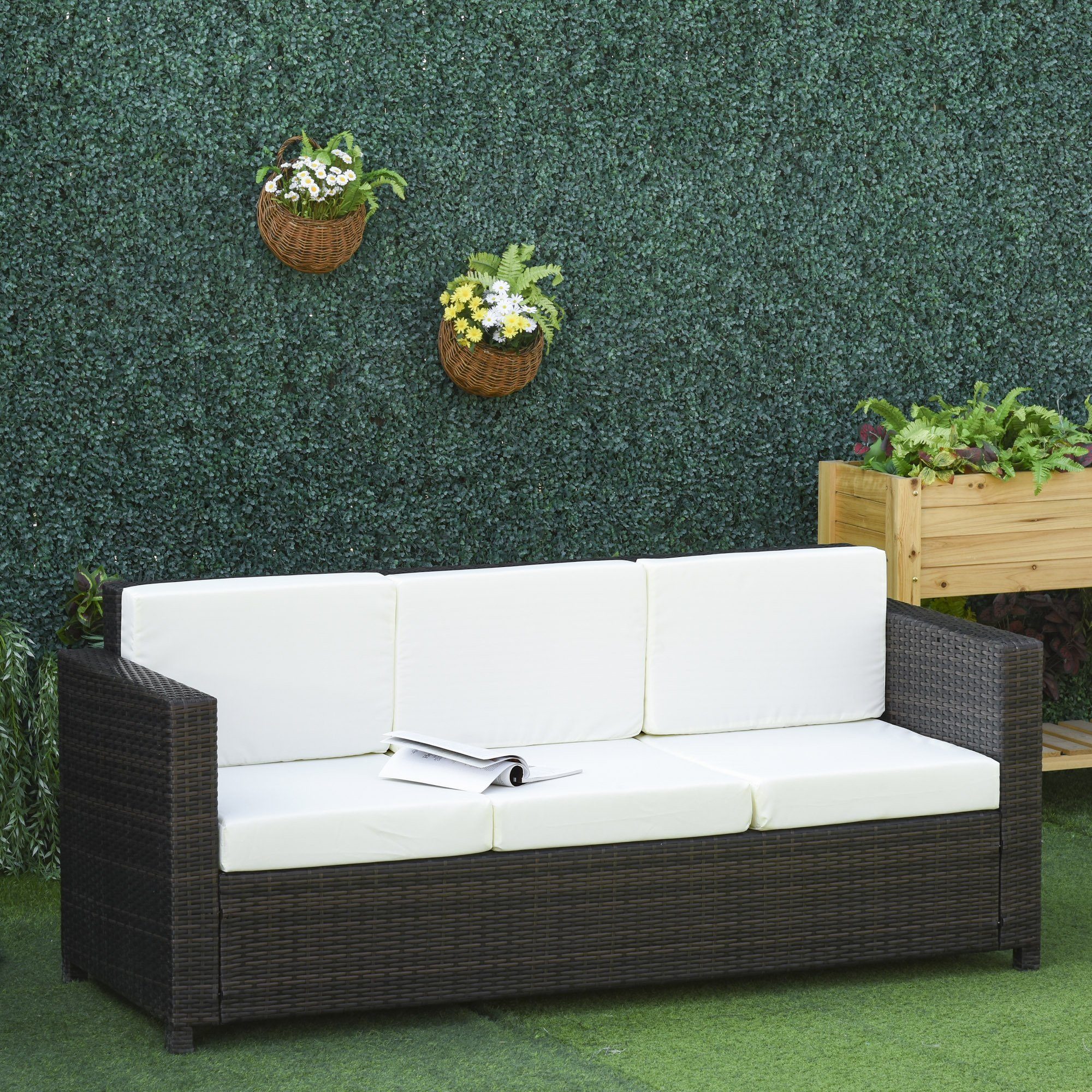 Outsunny Gartenbank 3 - Sitzer Rattansofa mit Kissen