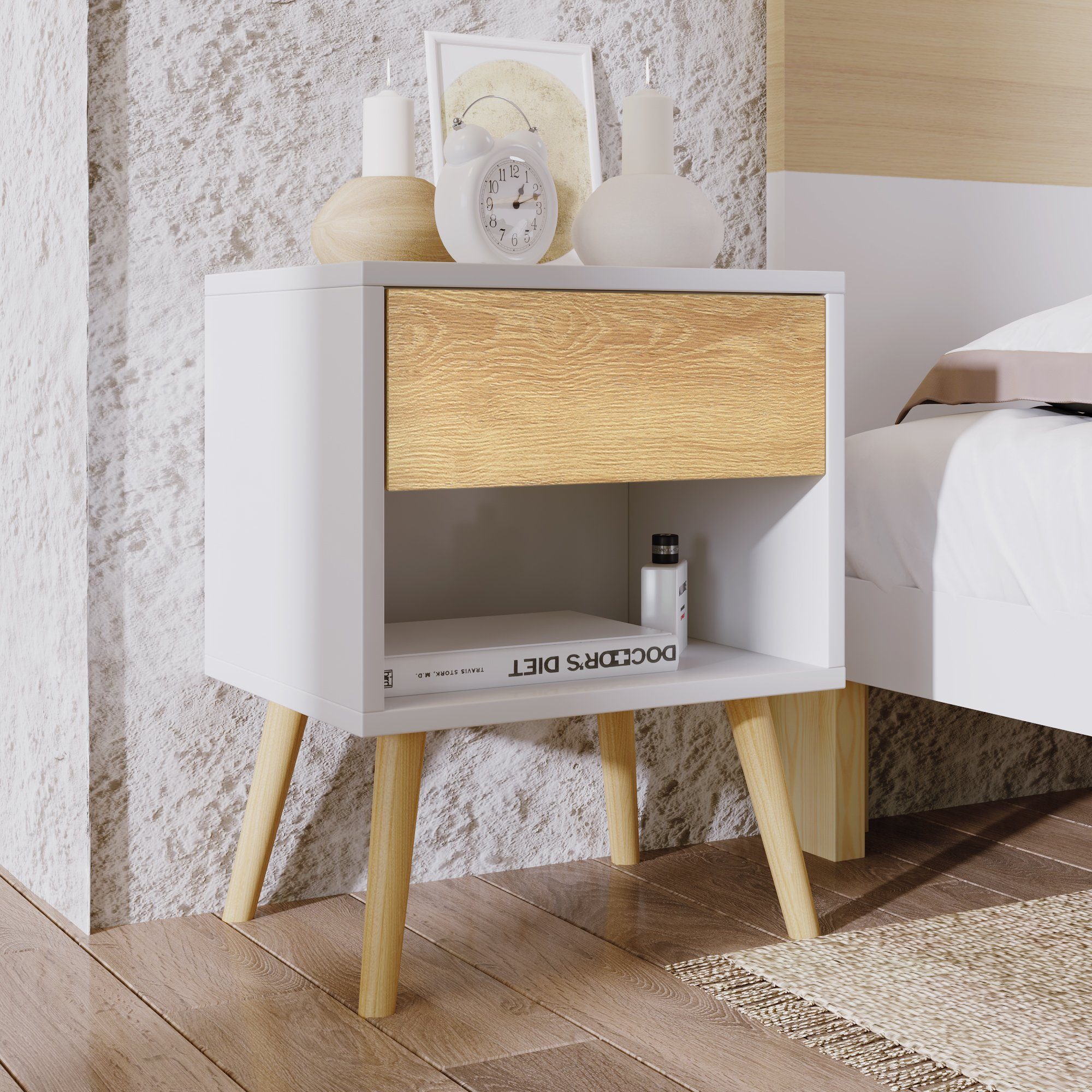 Powerwill Nachttisch 2er Set Massivholz Nachttisch Nachtschrank Beistelltisch (2-St., Holz Beistelltisch Nachtkommode Massivholzfüßen), Nachttischkommode mit Schubladen, für Bett und Schlafzimmer