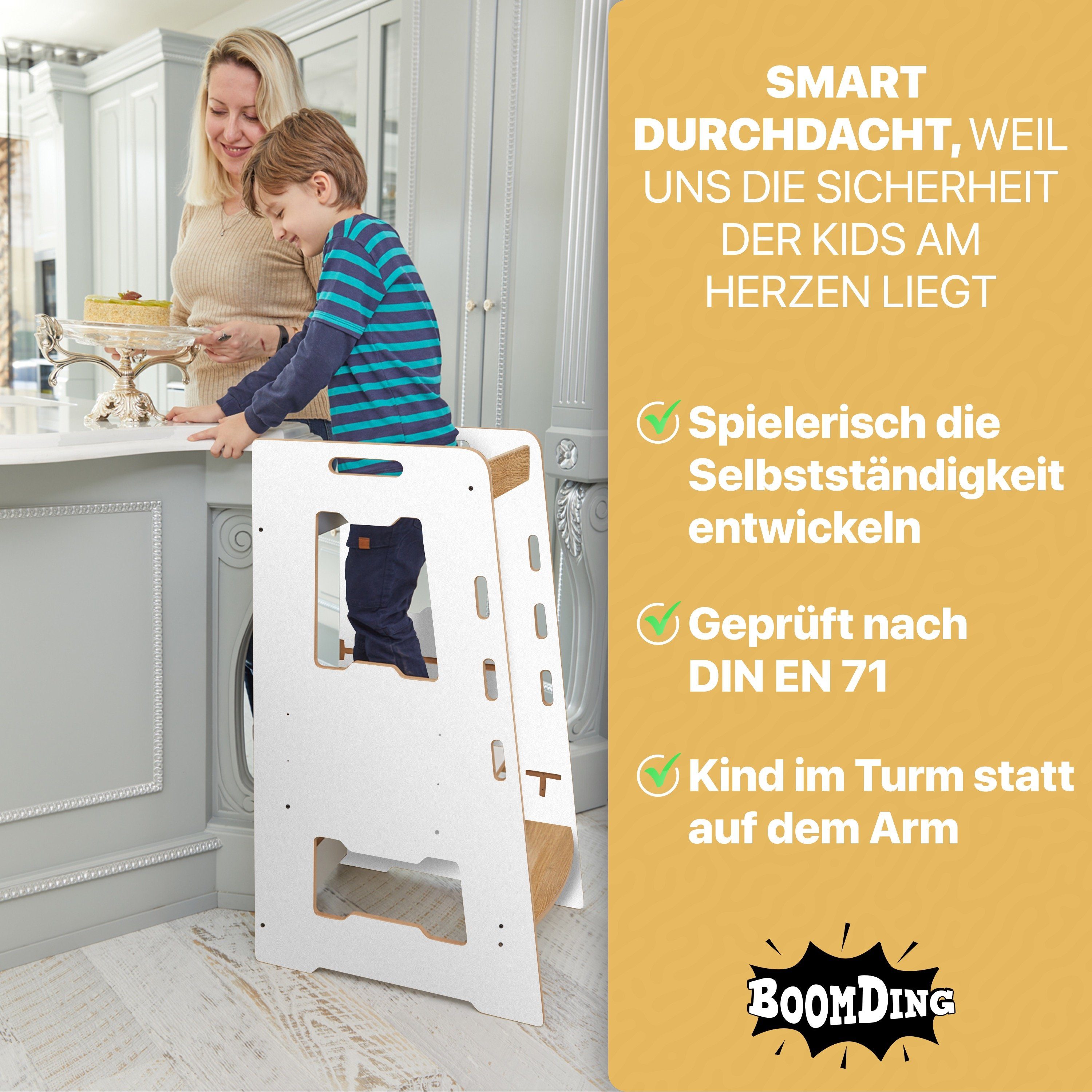 BoomDing Stehhilfe BoomDing Lernturm - Lernturm für Kinder mit 1 Jahr höhenverstellbar, Stabil und sicher, mit Rausfallschutz, mit Kippschutz, Montessori
