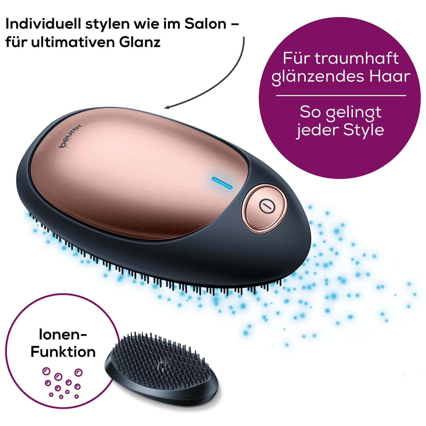 Beurer Ionen Haarbürste HT 10-Haarbürste für ziepfreies Kämmen mit Ionen-Funktion - ideal für Handtaschen