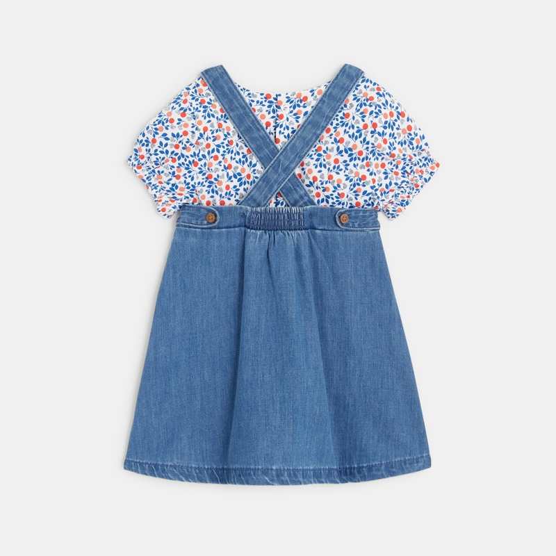 Robe salopette denim léger et t-shirt fleuri bleue bébé fille