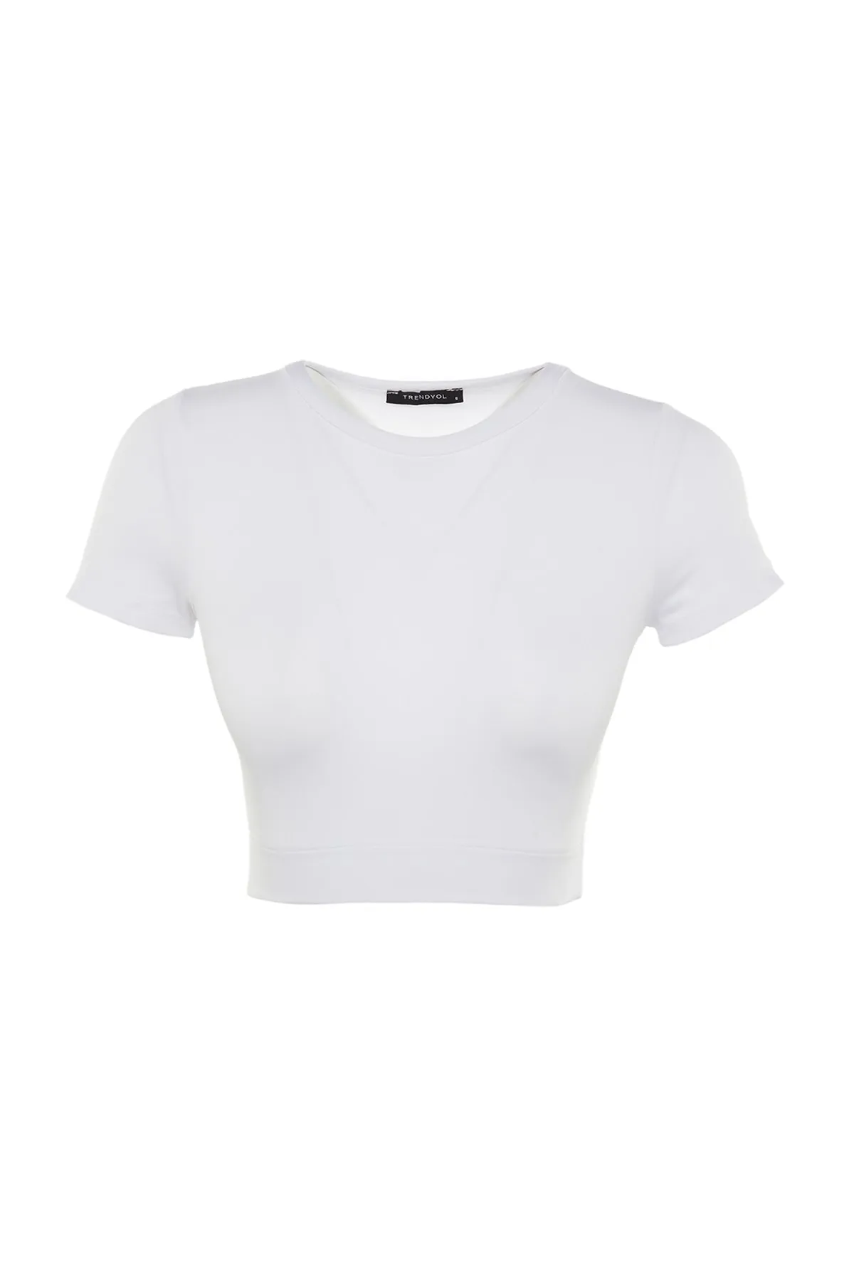 Trendyol Collection  Weißes Crop-Strick-Sportoberteil/Bluse mit leichtem Halt und weicher Textur und Rundhalsausschnitt TWOAW21BZ0158