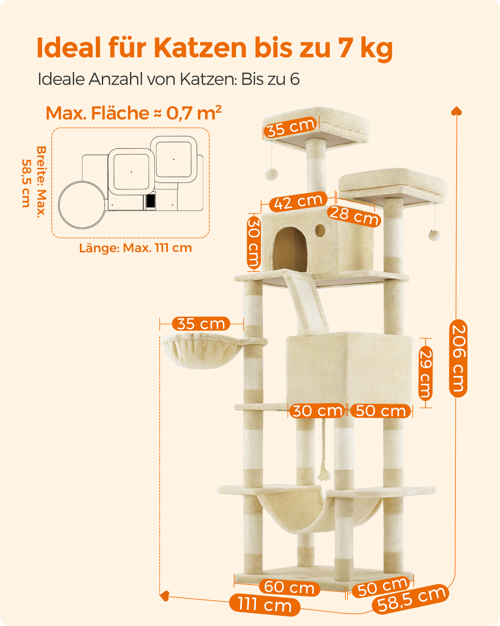 FEANDREA Kratzbäume FEANDREA Katzenbaum XXL 206cm Rauchgrau beige