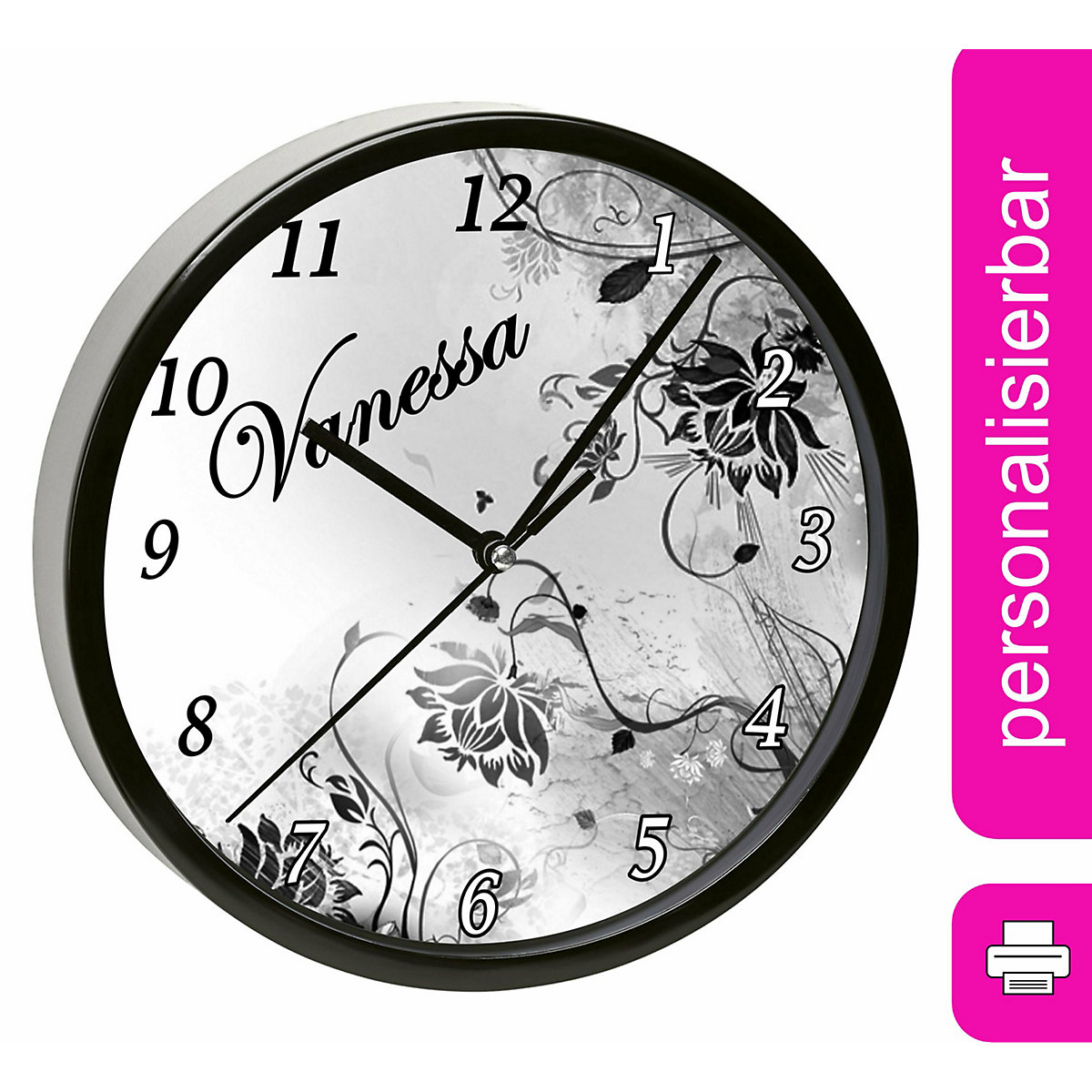 Kinder Wanduhr personalisiert mit Name Blumenranke Schwarz