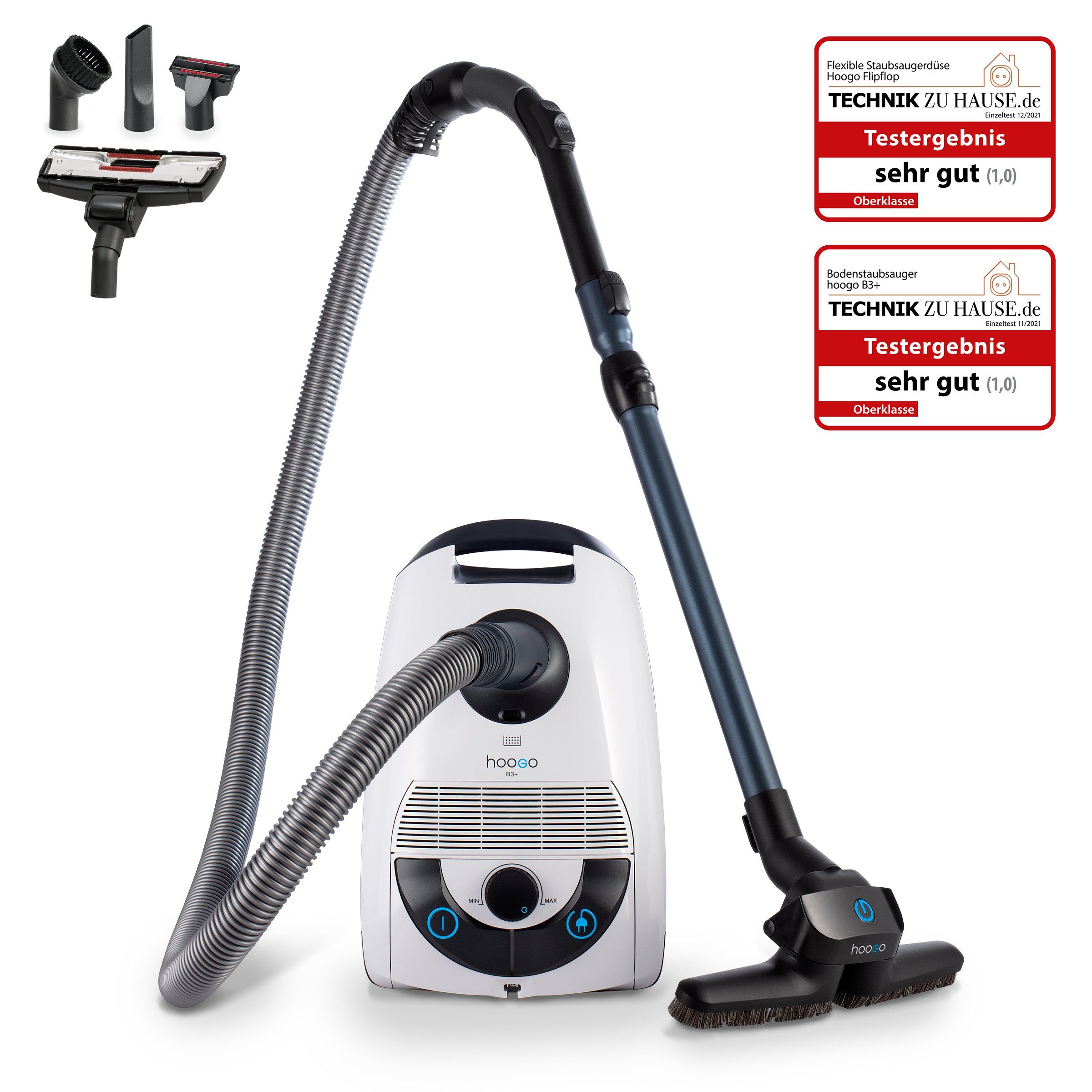 hoogo Bodenstaubsauger B3+ flipflop mit High-End Leichtlaufdüse und flipflop-Düse, 850,00 W, mit Beutel, HEPA-14-Filter, ideal für Allergiker, saugt Milben und Pollen