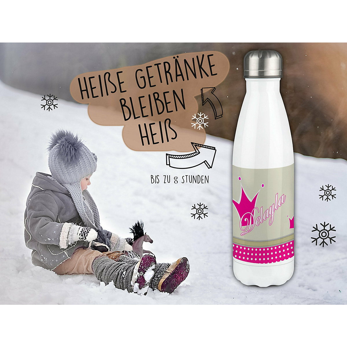 Edelstahl Kinder Thermoflasche / Trinkflasche bunt Krone Farbe beige pink Spülmaschinenfest, Auslaufsicher, Bruchfest, Doppelwandig, Für Heißgetränke geeignet, Mit Deckel, Isoliert