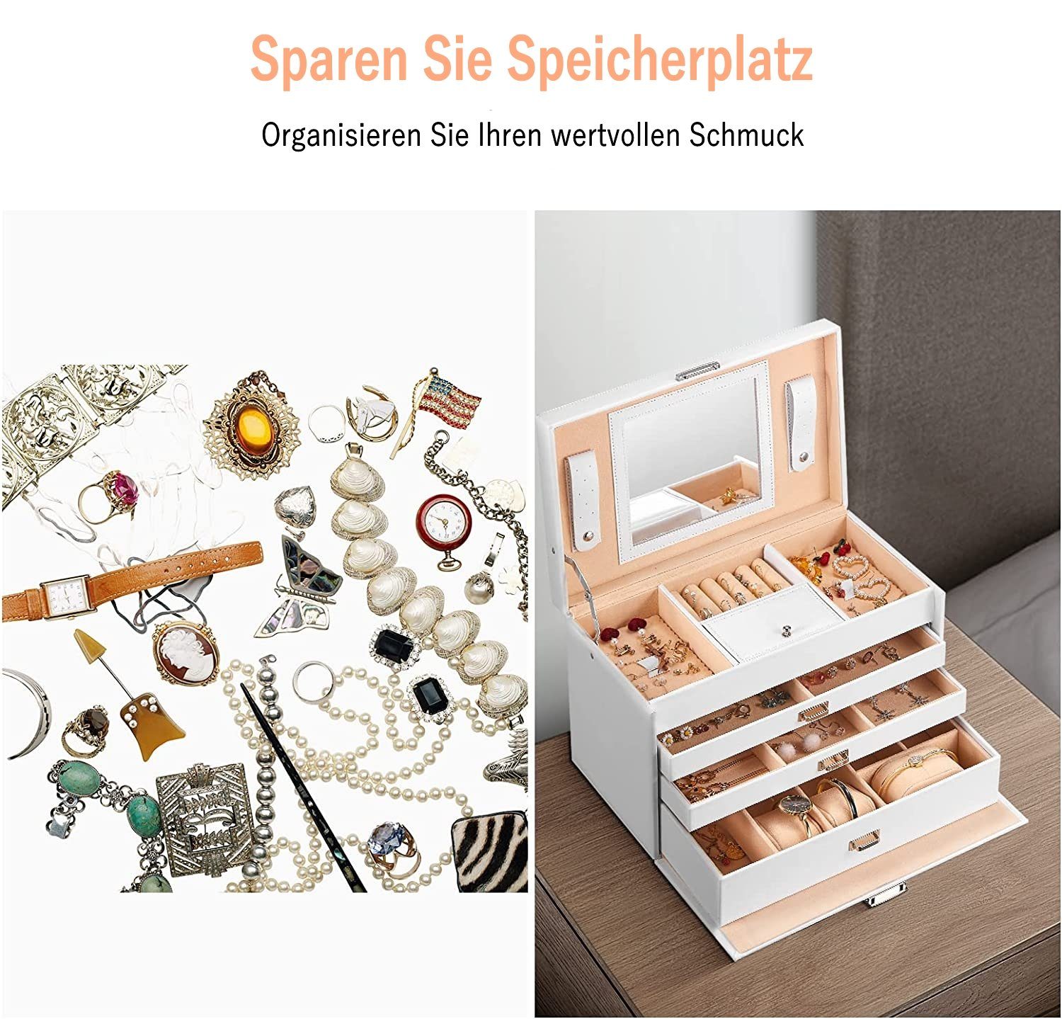 TLGREEN Schmuckkasten Schmuckkästchen Abschließbarer, Schmuckschatulle mit Spiegel, PU-Leder + Faserplatte + Samt, Schloss und Schlüssel, Ledergriff
