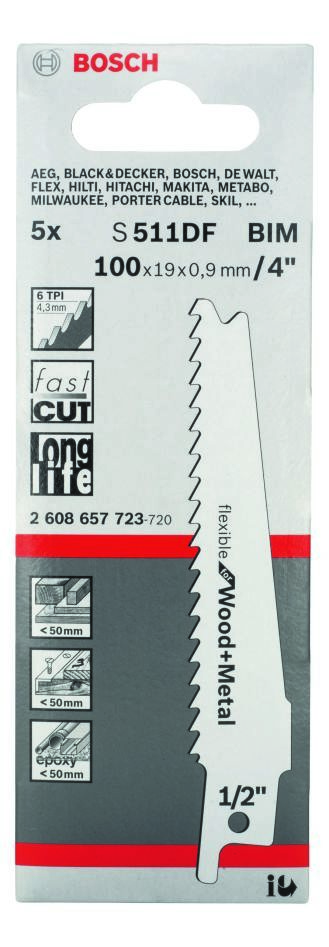 Bosch Blue Accessories 2608657723 S511DF Säbelsägeblatt flexibel für Holz und Metall 100 mm 5 Stück