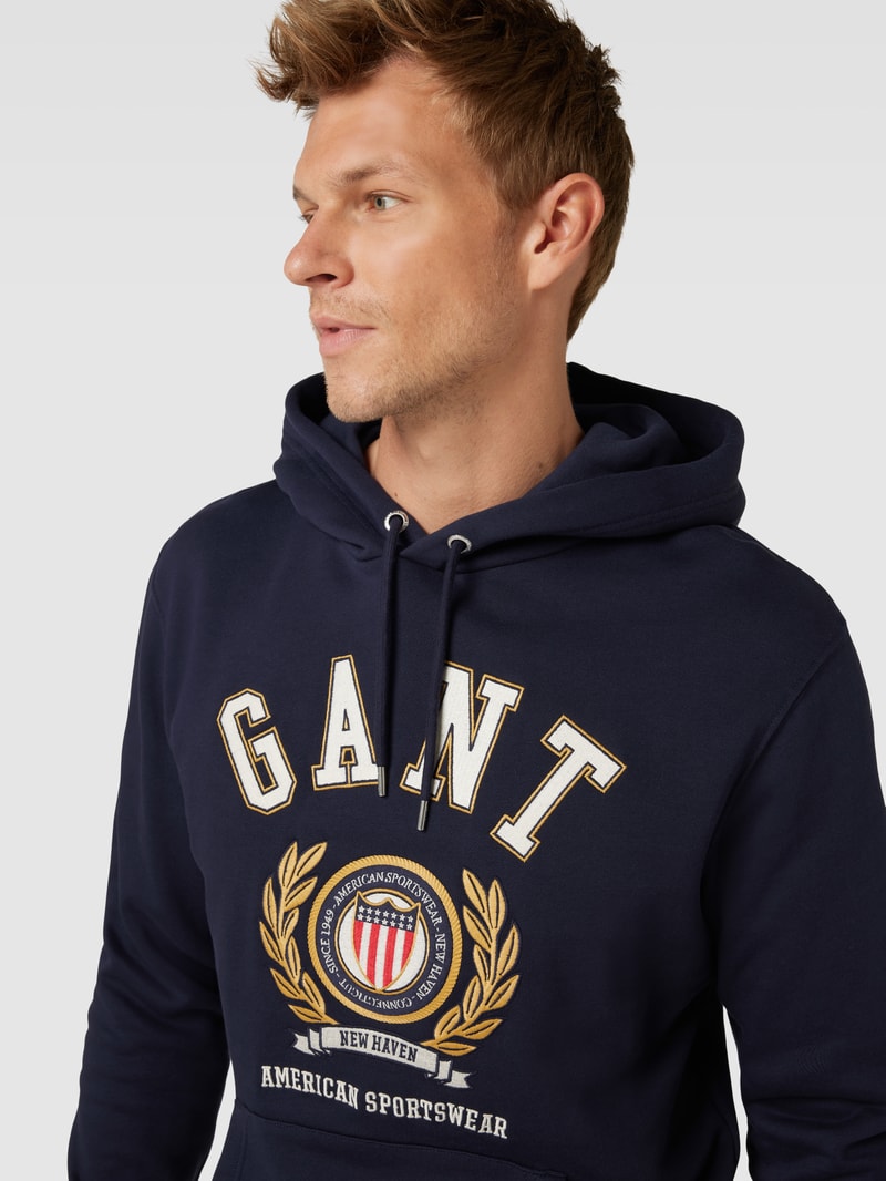 Hoodie mit Label-Stitching Modell 'CREST' in dunkelblau meliert