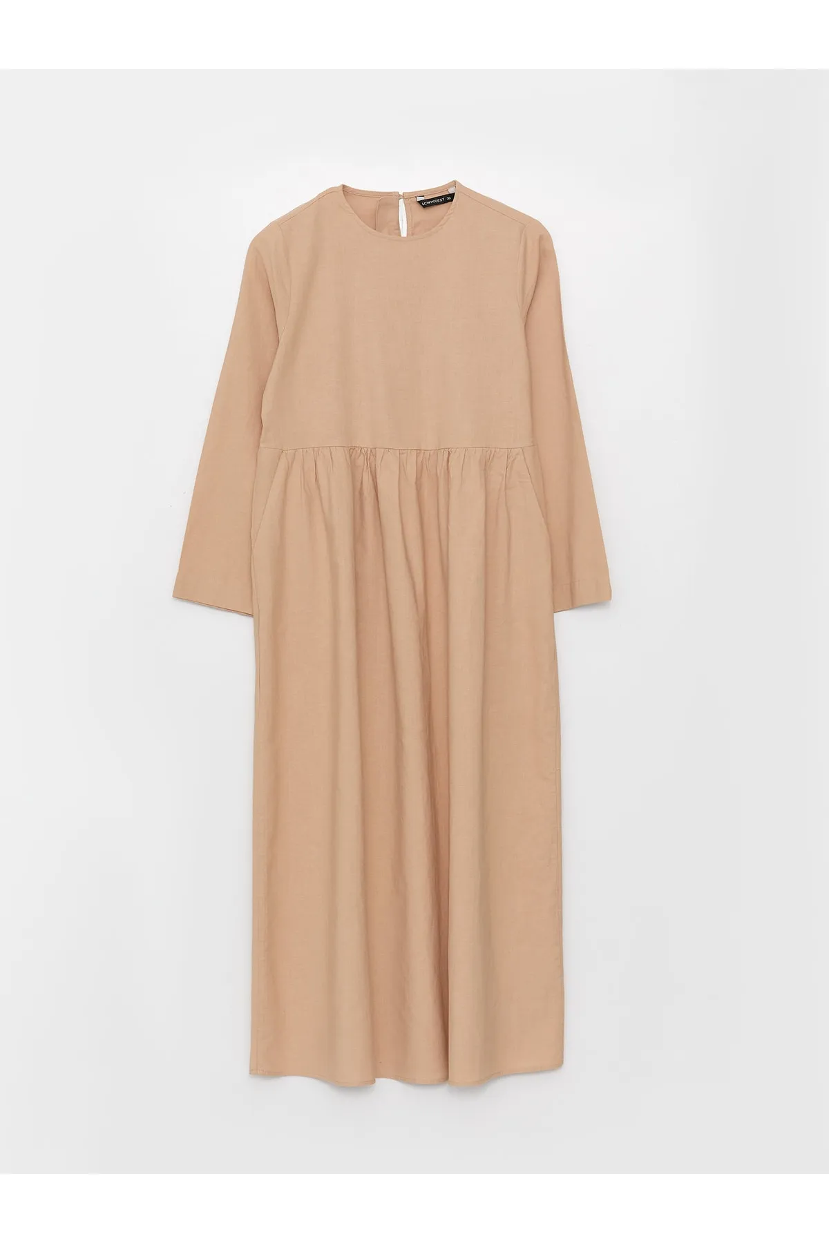 LC Waikiki  Gerades, langärmliges Damenkleid aus Leinenmischung mit Rundhalsausschnitt