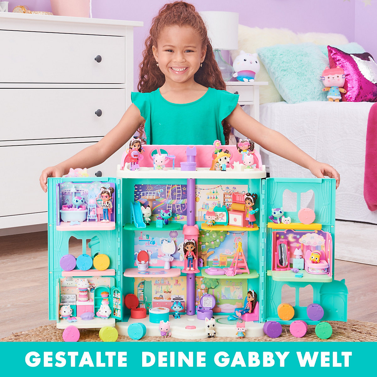 Gabby‘s Dollhouse, Puppenhaus mit 2 Spielzeugfiguren, 8 Möbelstücken, 3 Zubehörteilen, 2 Überraschungsboxen und Geräuschen, geeignet für Kinder ab 3 Jahren